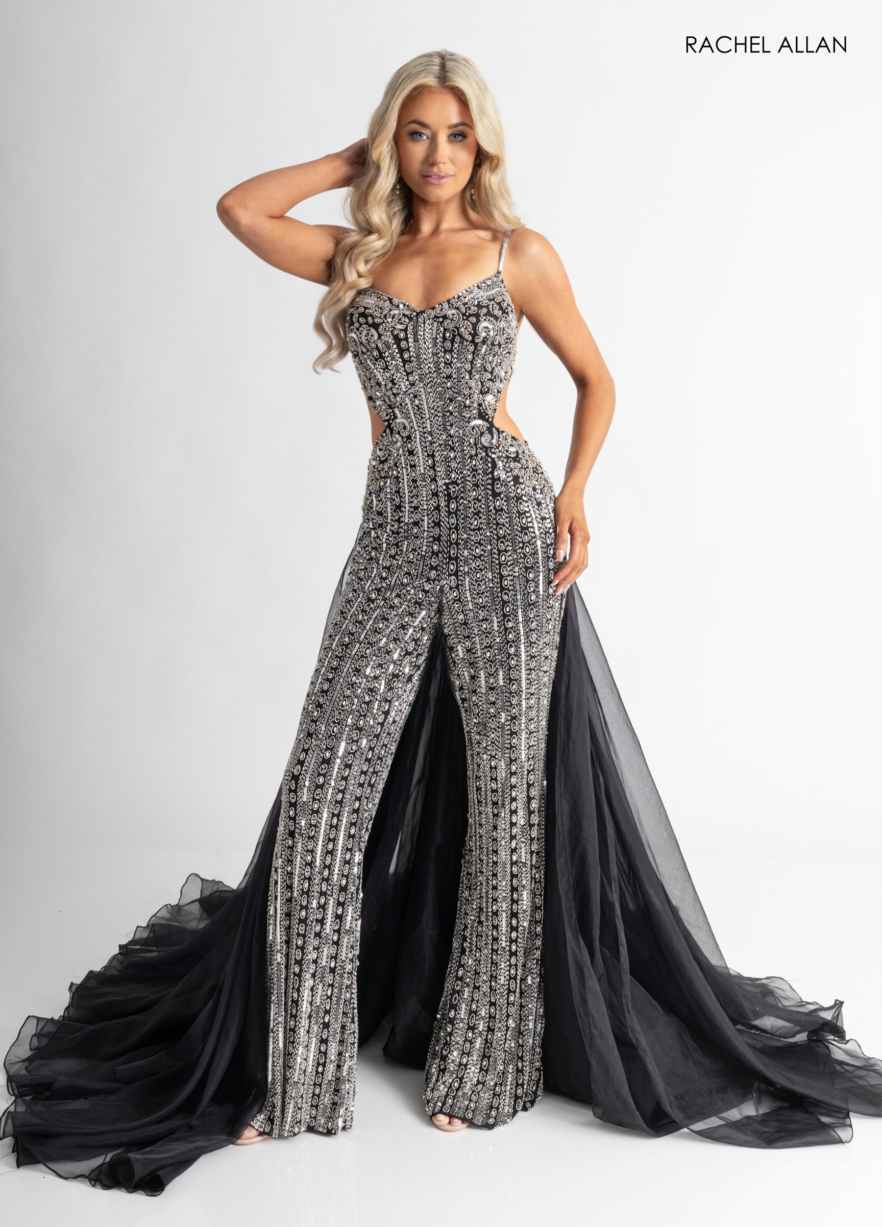 Jumpsuit Long Beaded Formal Evening Jumpsuit Black Silver