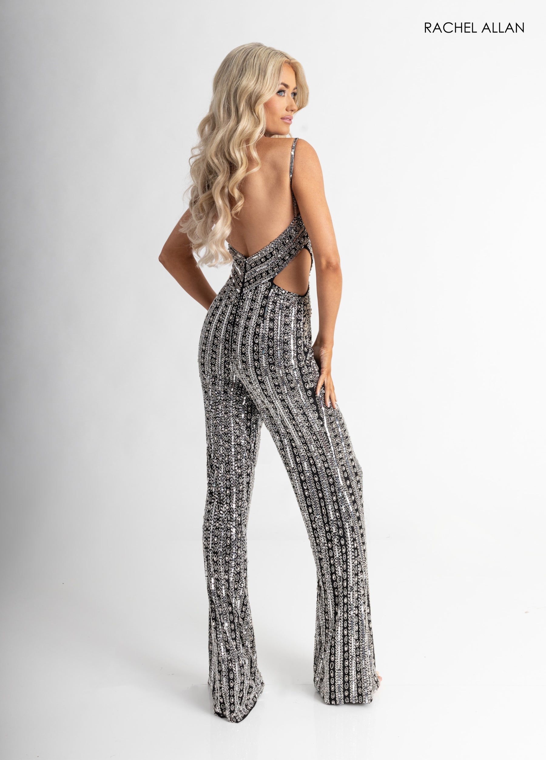 Jumpsuit Long Beaded Formal Evening Jumpsuit Black Silver