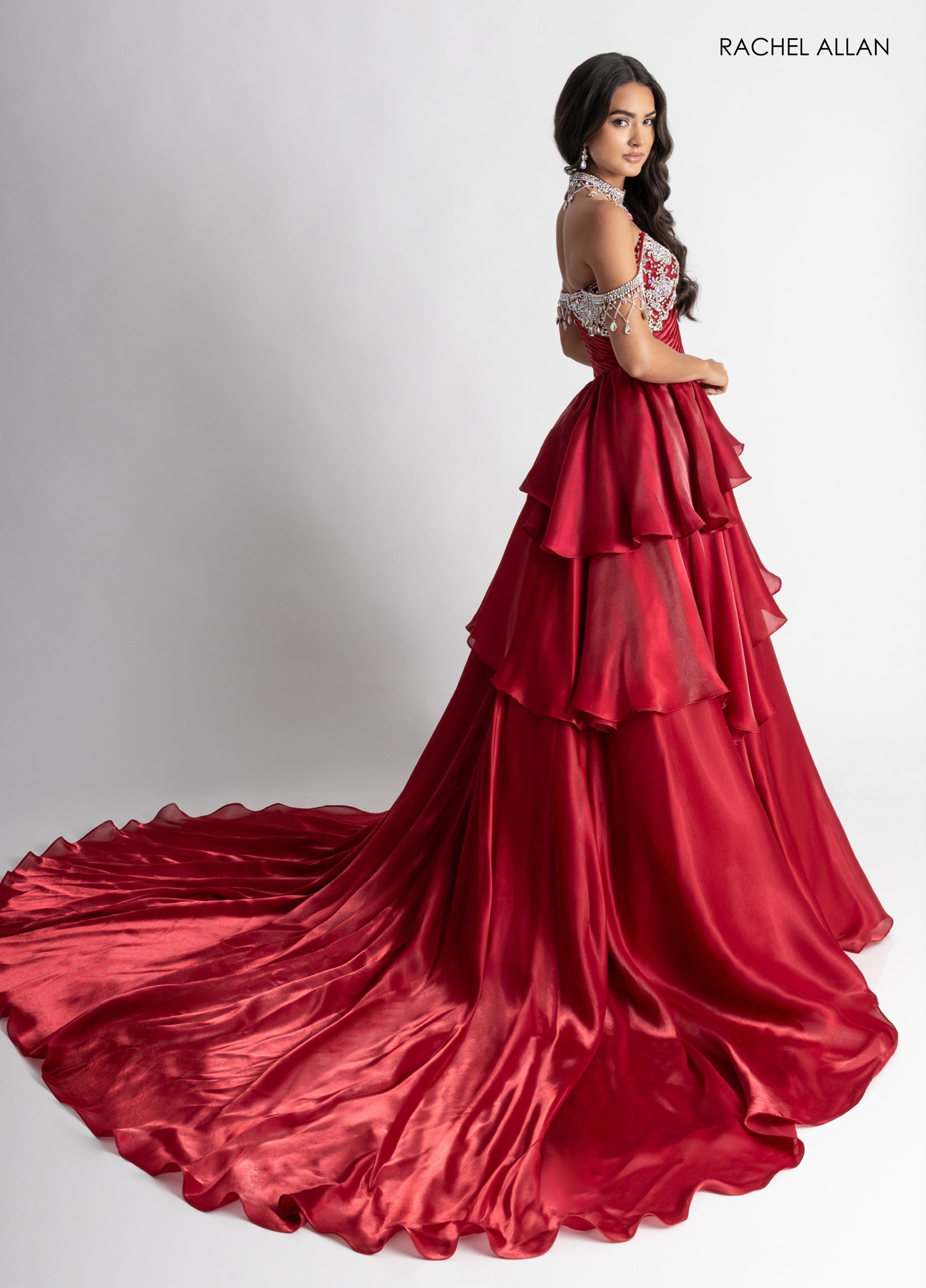 Formal Dresses Long Formal Beaded Ruffle Ball Gown Crimson