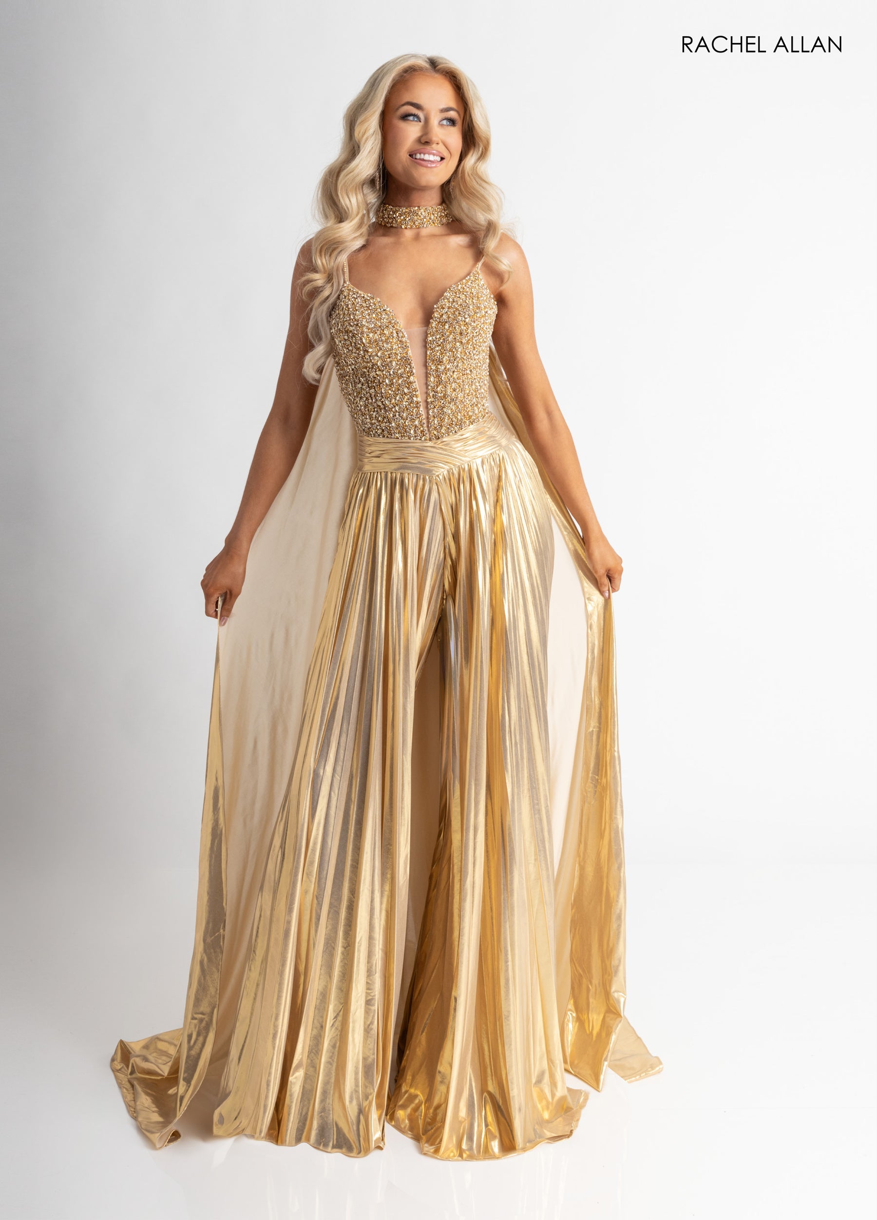 Jumpsuit Evening Long Formal Metallic Jumpsuit Gold