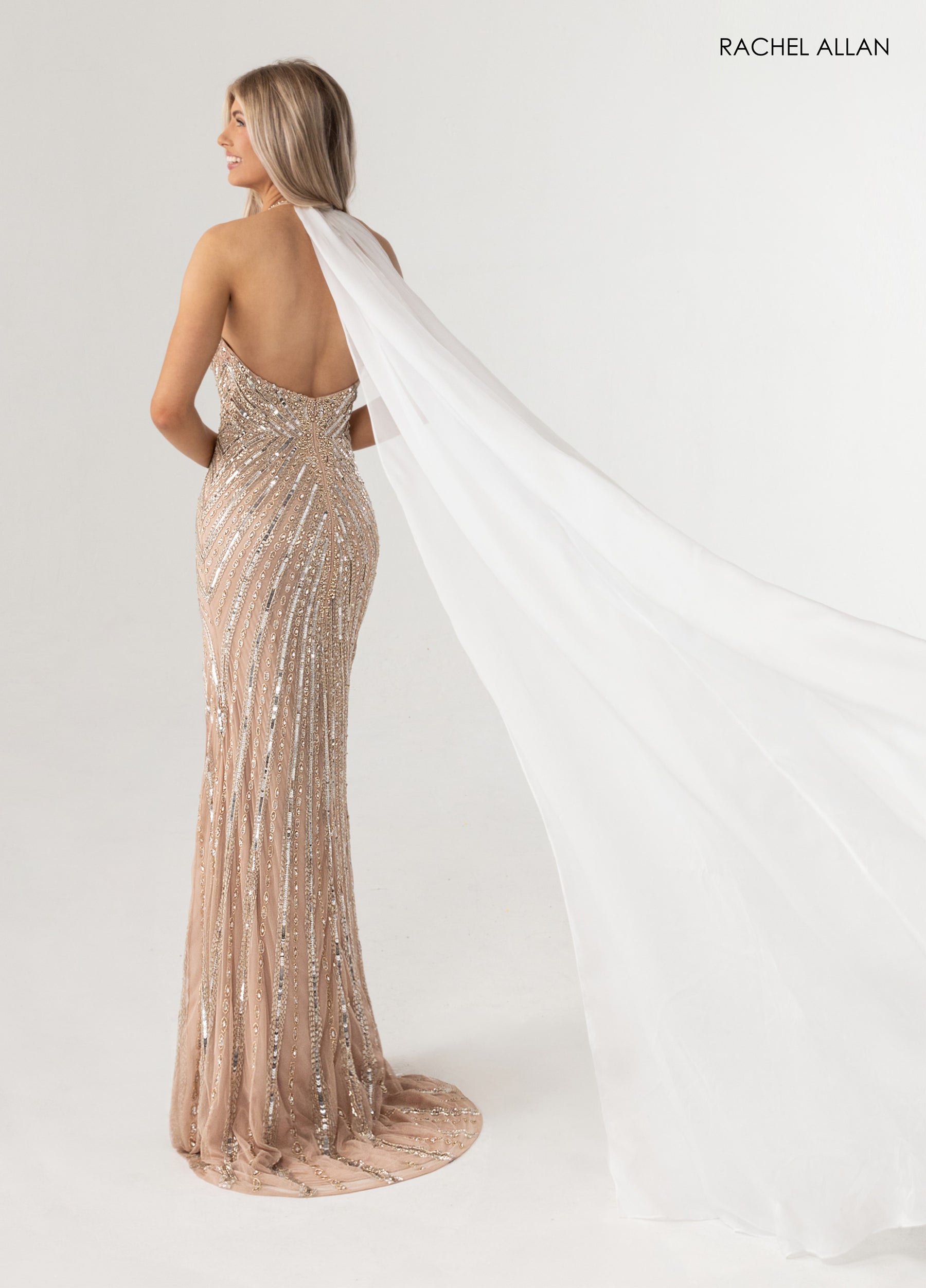 Prom Dresses Fitted Prom Beaded Long Evening Dress Nude White