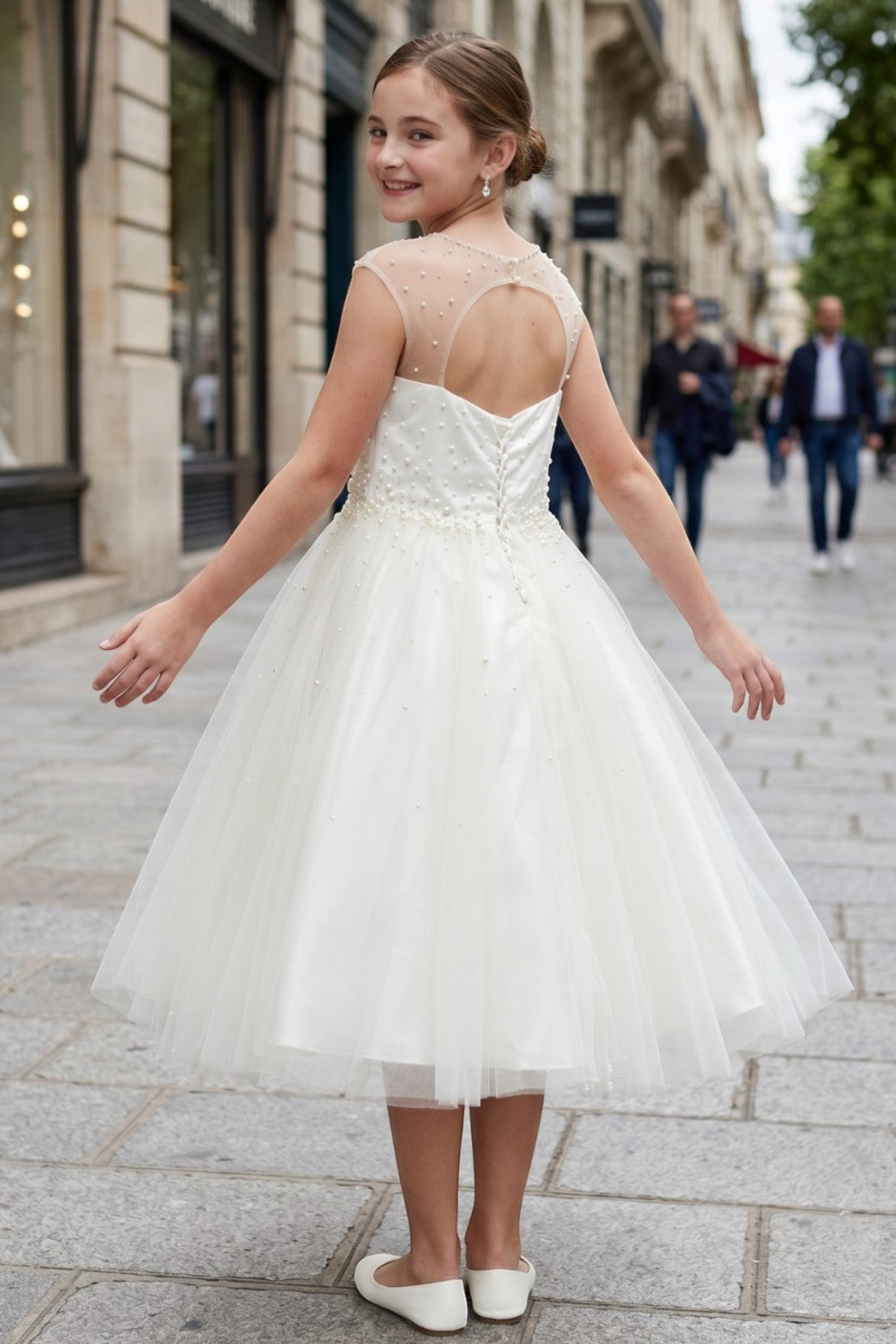 Ivory Illusion Midi Tulle Flower Girl Dress Cinderella Couture 5053