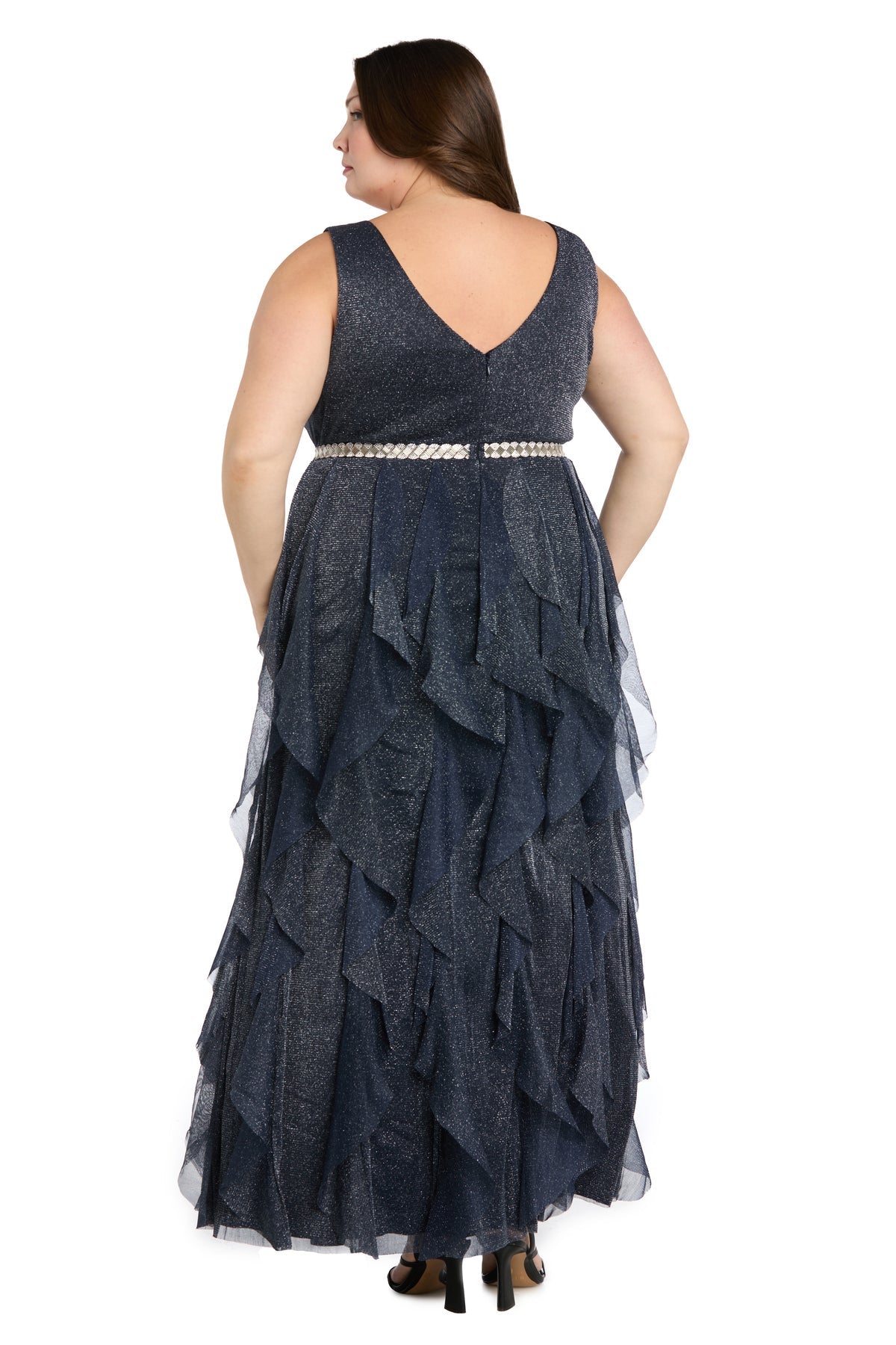 V-Neck Long Glitter Mesh Evening Gown by R&M Richards 5069W in Navy/Silver