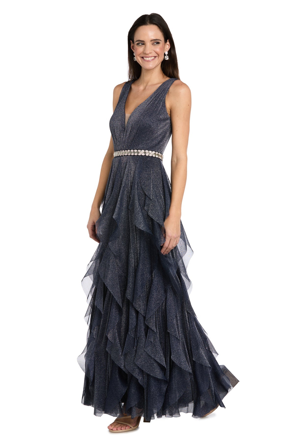 V-Neck Long Glitter Tulle Evening Gown by R&M Richards 5069 in Navy/Silver