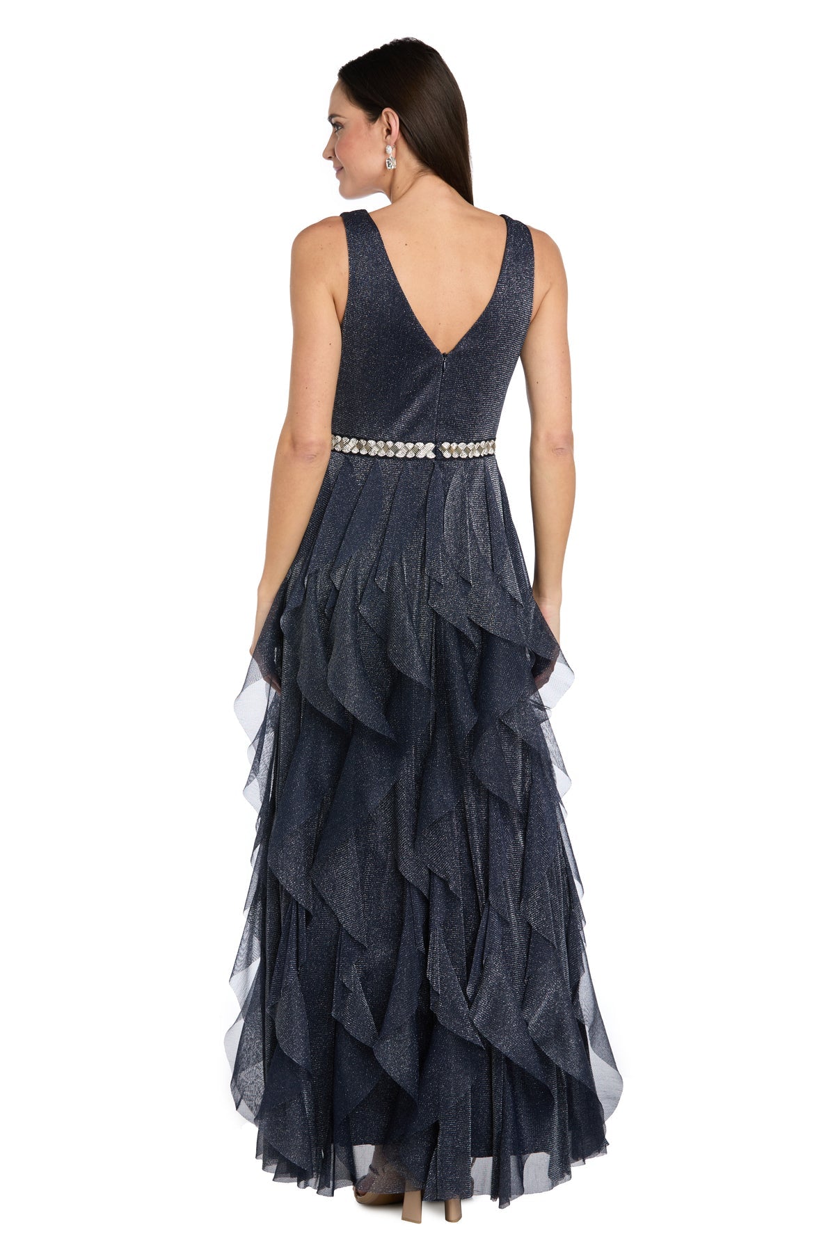 V-Neck Long Glitter Tulle Evening Gown by R&M Richards 5069 in Navy/Silver