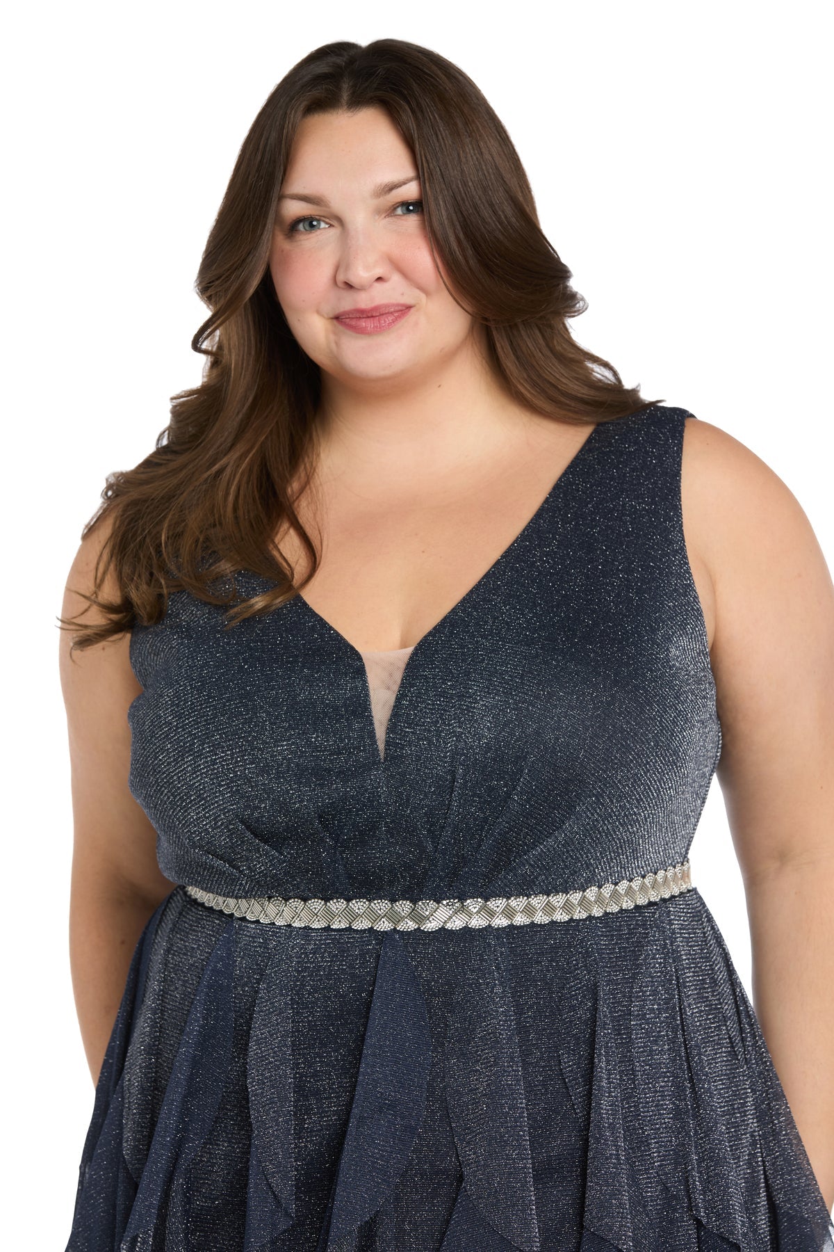 V-Neck Long Glitter Mesh Evening Gown by R&M Richards 5069W in Navy/Silver