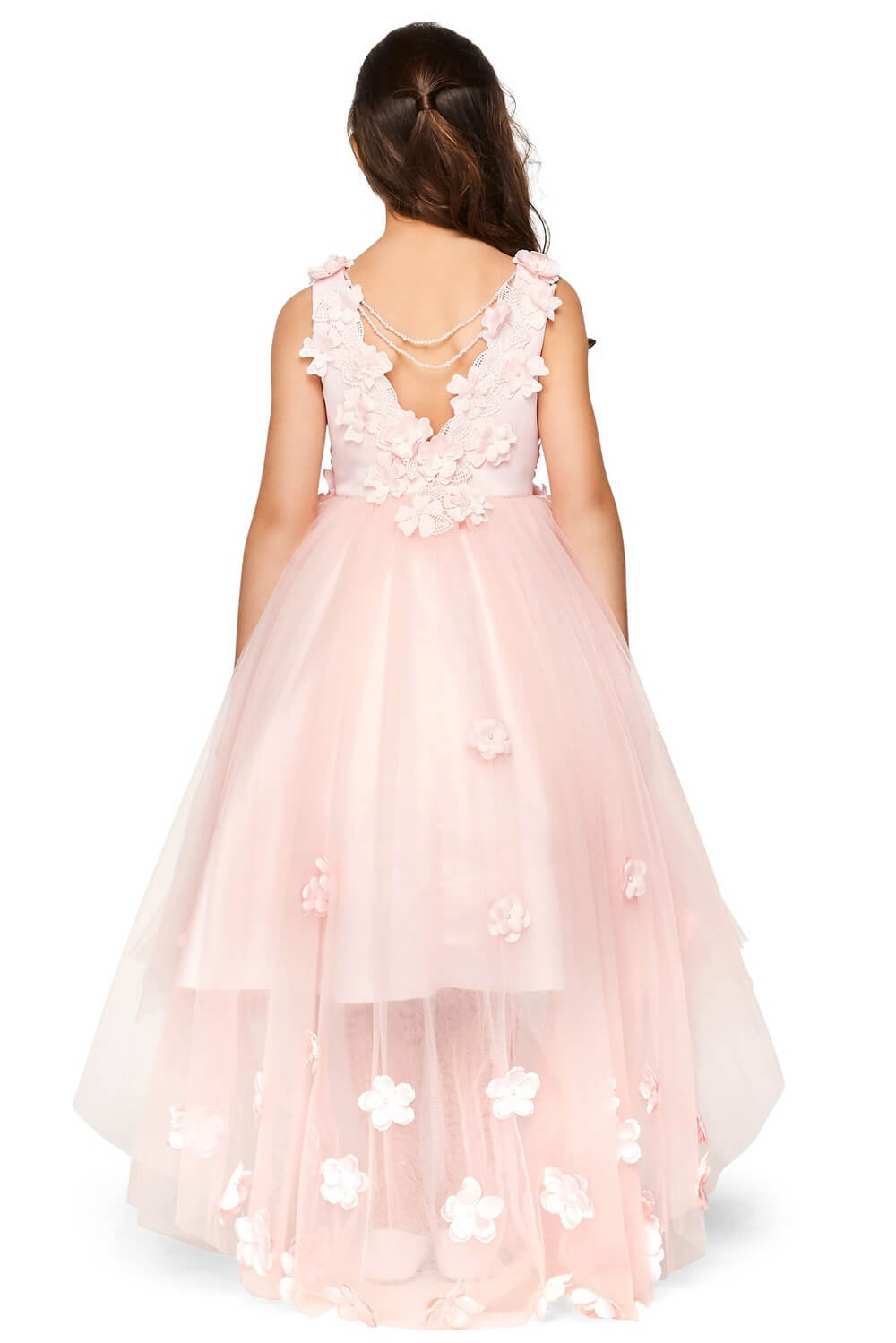 Pink Illusion Neck Tea Length Tulle Wedding High Low Dress with 3D Floral Applique Cinderella Couture 5077X