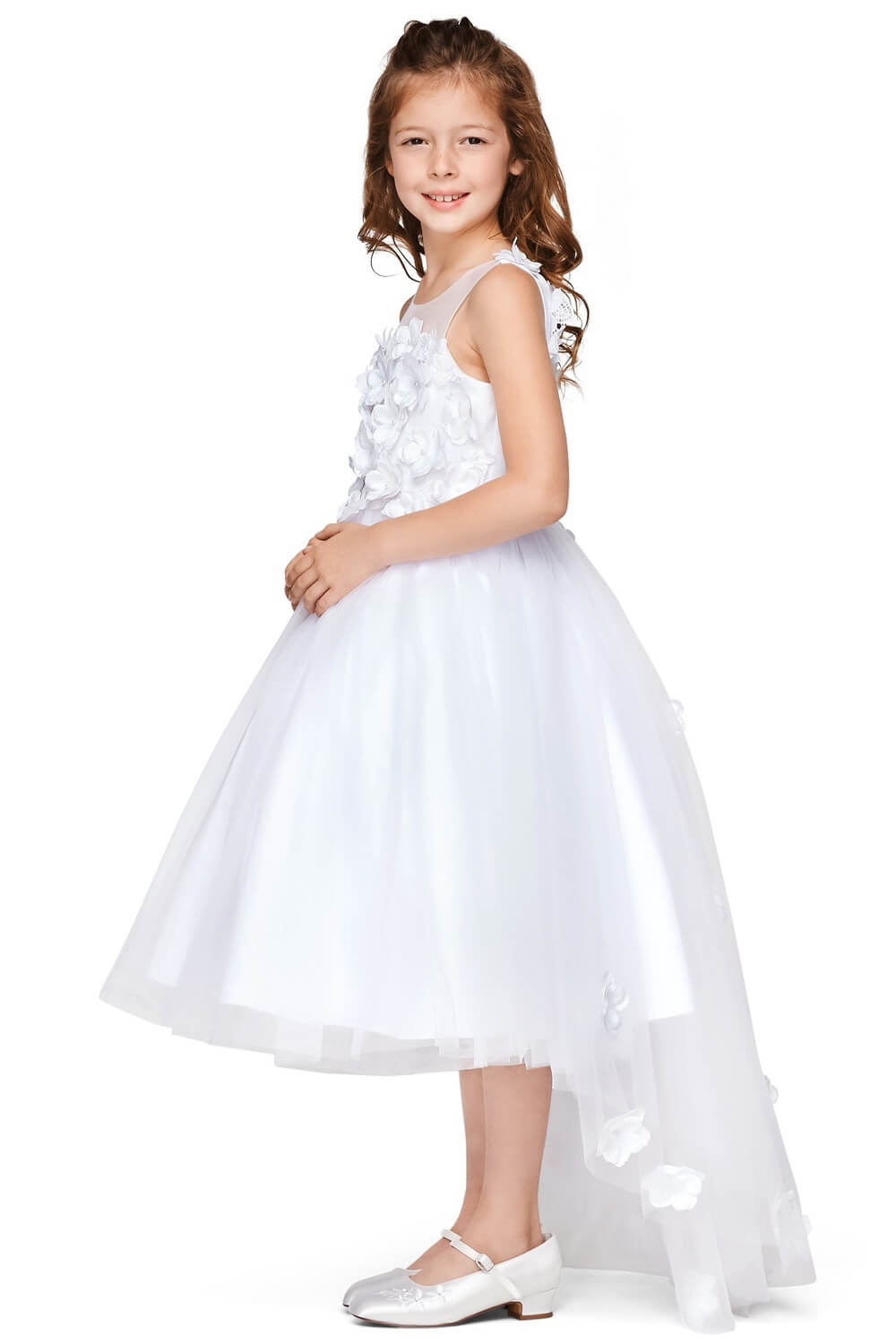 White Illusion Neck Tea Length Tulle Wedding High Low Dress with 3D Floral Applique Cinderella Couture 5077X