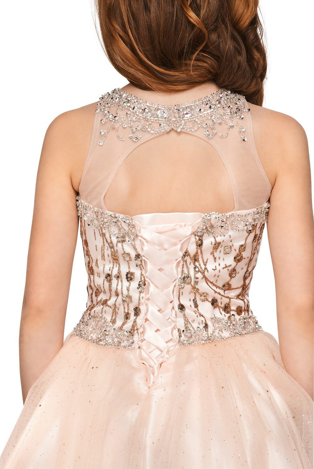 Blush Halter Neck Short Glitter Tulle Flower Girl Party Dress with Rhinestone Bodice and Satin Tie Back Cinderella Couture 5090