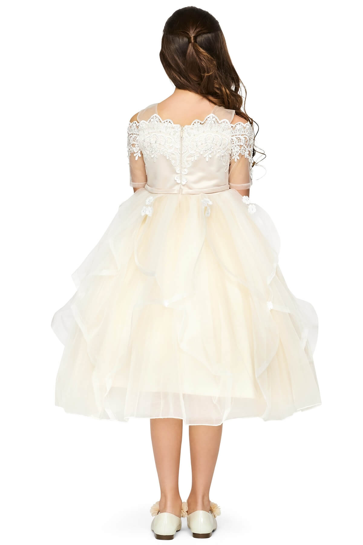 Champagne Sweetheart Floor Length Embossed Tulle Flower Girl Dress with Detachable Train Sleeves Cinderella Couture 5091