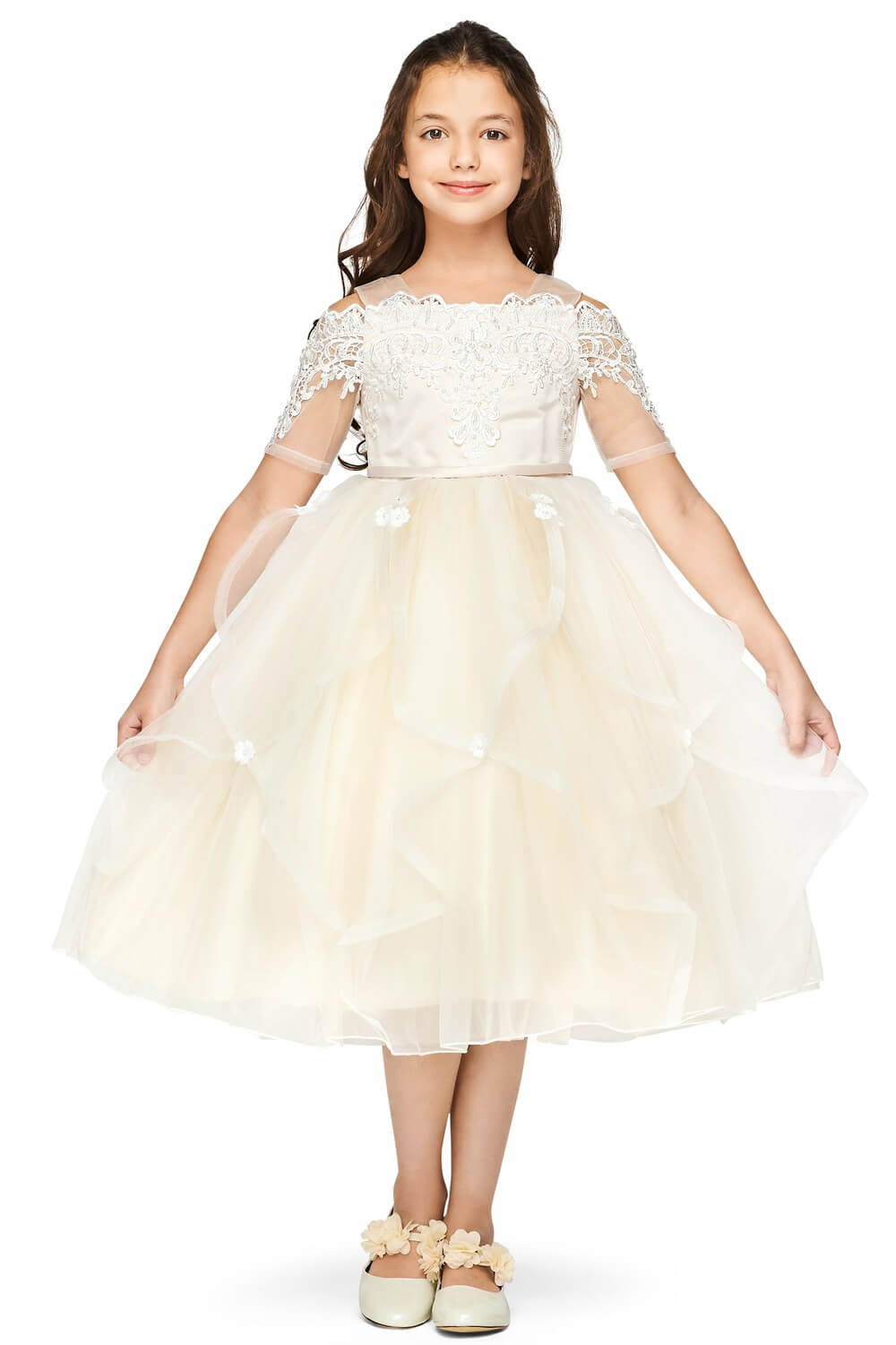 Champagne Sweetheart Floor Length Embossed Tulle Flower Girl Dress with Detachable Train Sleeves Cinderella Couture 5091