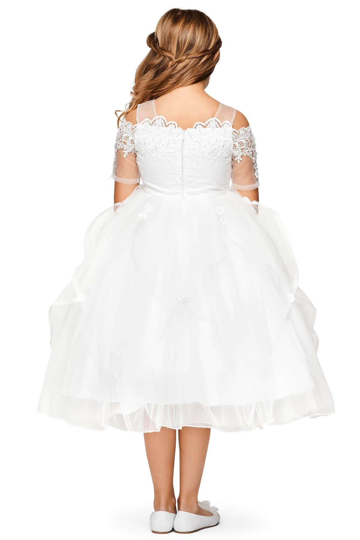 Off White Sweetheart Floor Length Embossed Tulle Flower Girl Dress with Detachable Train Sleeves Cinderella Couture 5091