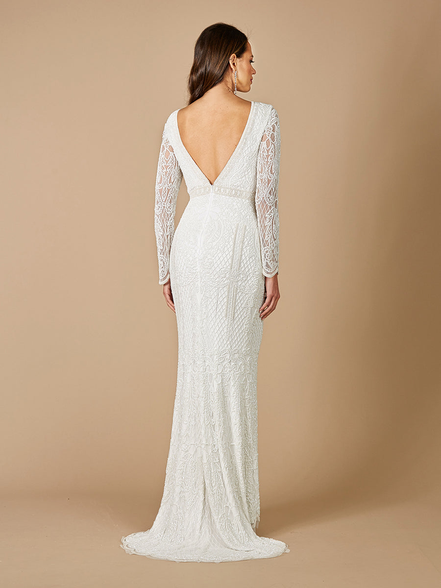 Wedding Dresses Long Simple Floral Beaded Wedding Dress Ivory