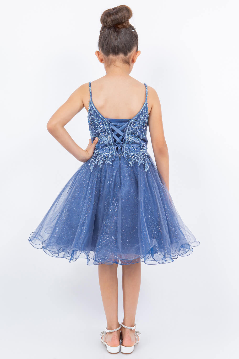 Smoky Blue Illusion Neck Short Sparkly Tulle Special Occasion Dress with Beaded Floral Bodice Cinderella Couture 5112