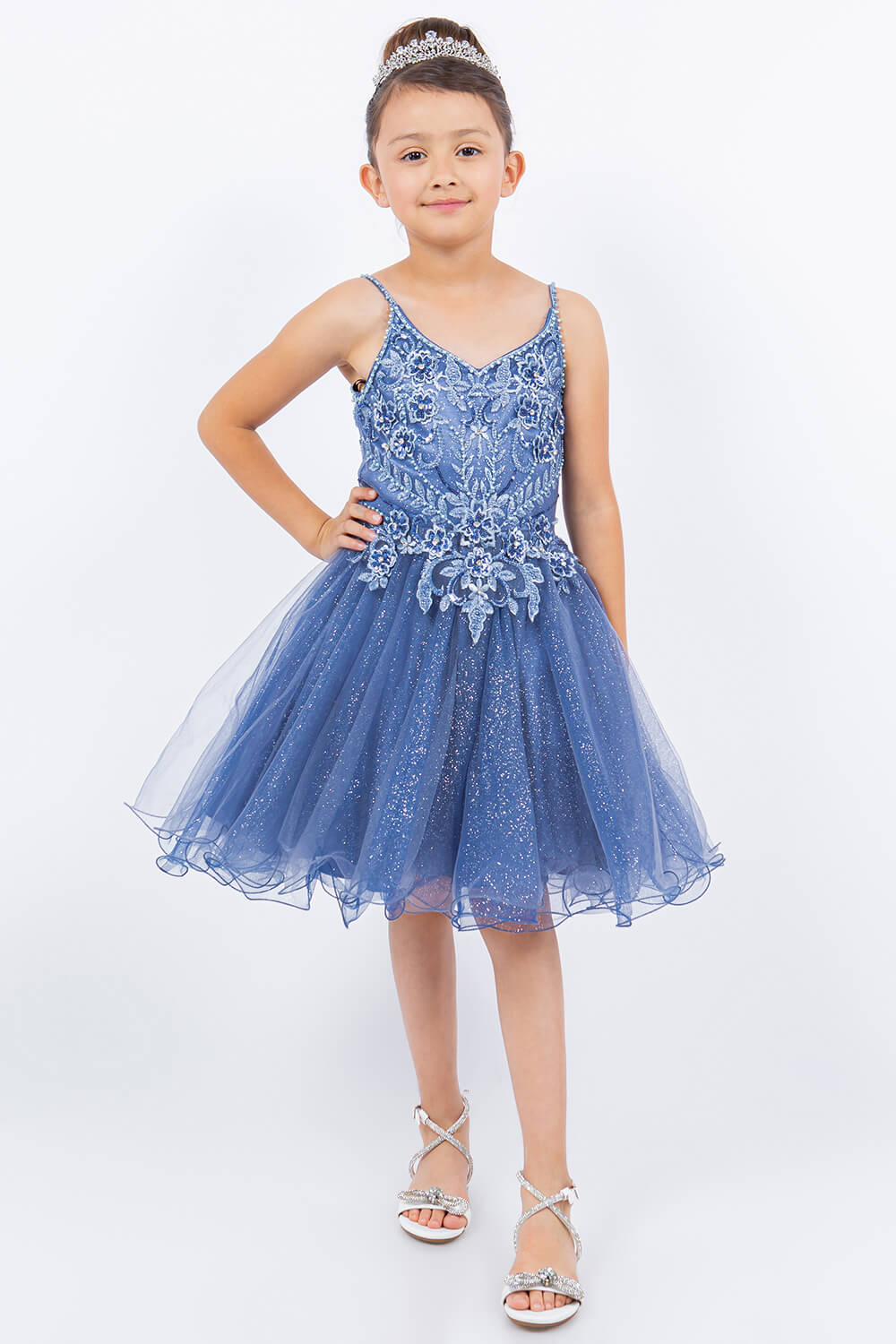 Smoky Blue Illusion Neck Short Sparkly Tulle Special Occasion Dress with Beaded Floral Bodice Cinderella Couture 5112
