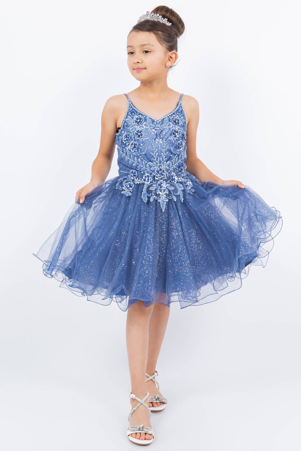Smoky Blue Illusion Neck Short Sparkly Tulle Special Occasion Dress with Beaded Floral Bodice Cinderella Couture 5112