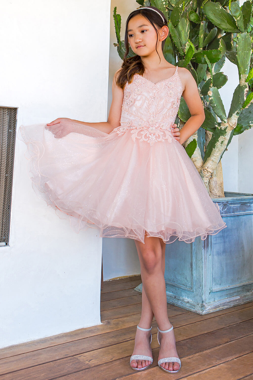 Blush Illusion Neck Short Sparkly Tulle Special Occasion Dress with Beaded Floral Bodice Cinderella Couture 5112