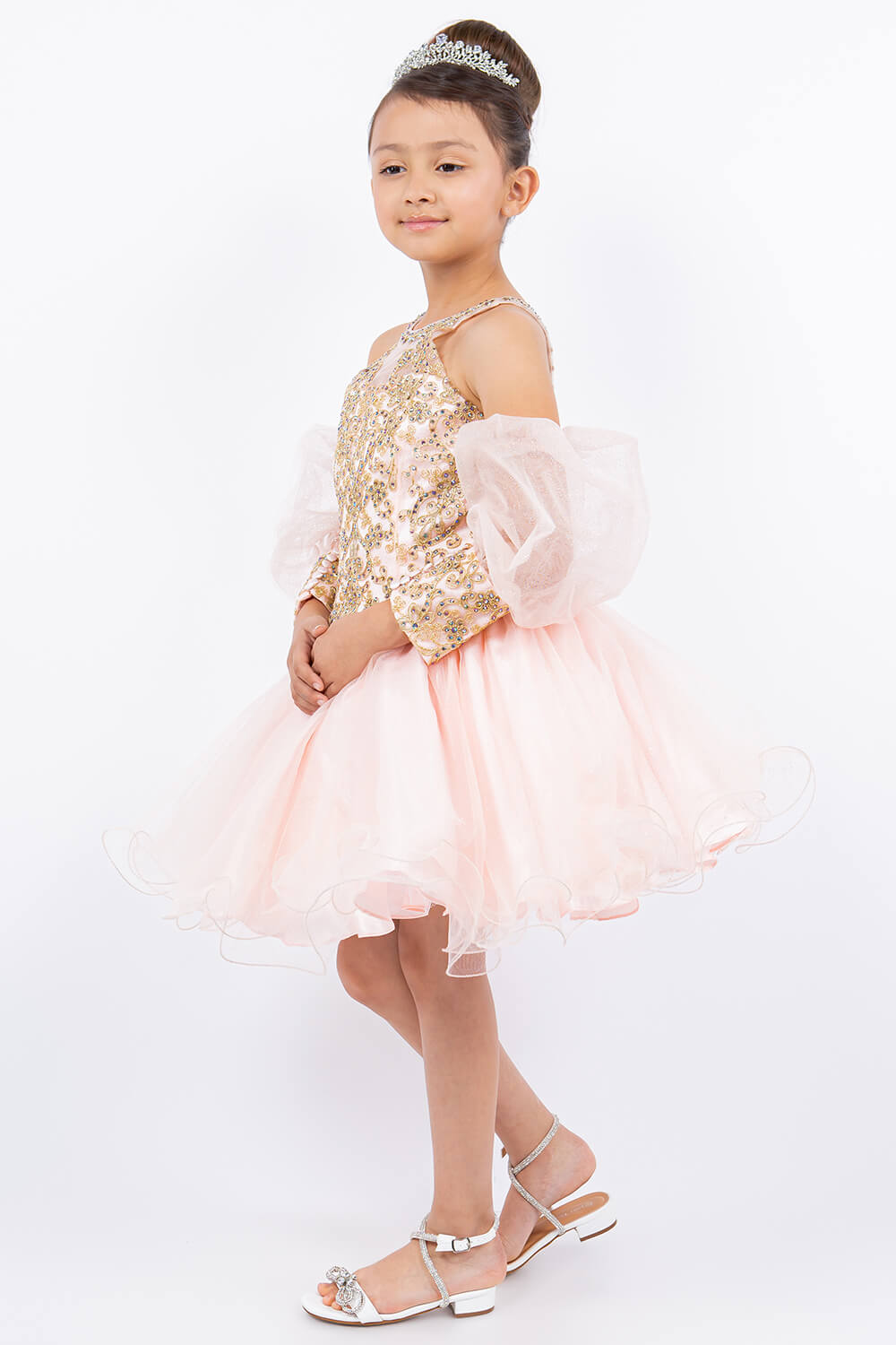 Blush Square Neck Mini Glitter Tulle Flower Girl Party Dress with Detachable Puff Sleeves Cinderella Couture 5113