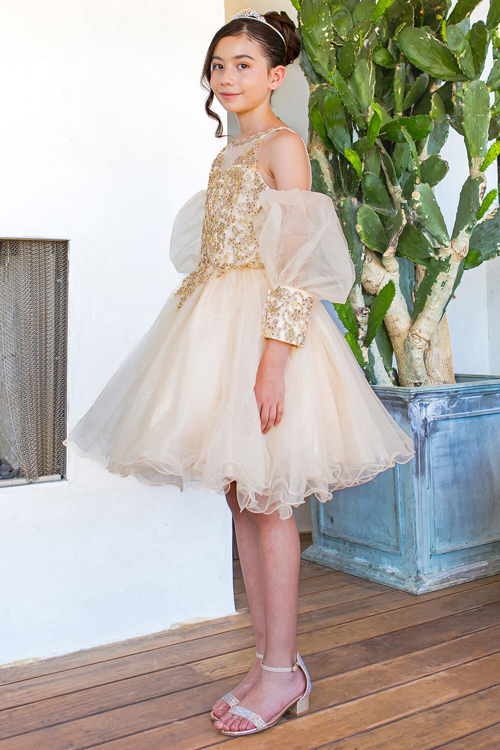 Champagne Square Neck Mini Glitter Tulle Flower Girl Party Dress with Detachable Puff Sleeves Cinderella Couture 5113