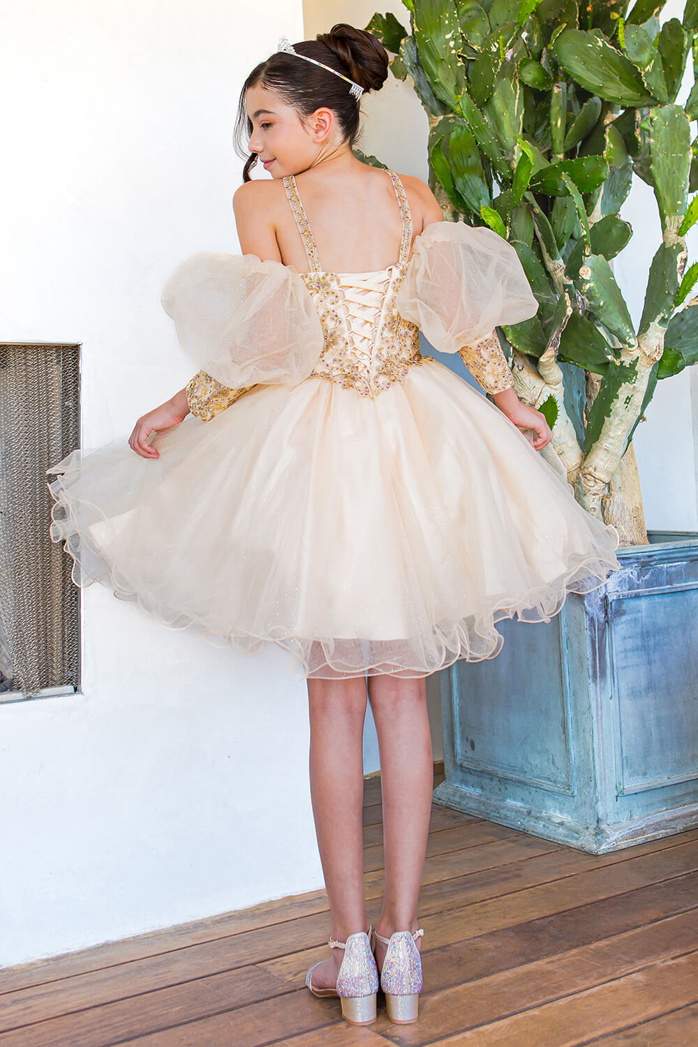 Champagne Square Neck Mini Glitter Tulle Flower Girl Party Dress with Detachable Puff Sleeves Cinderella Couture 5113