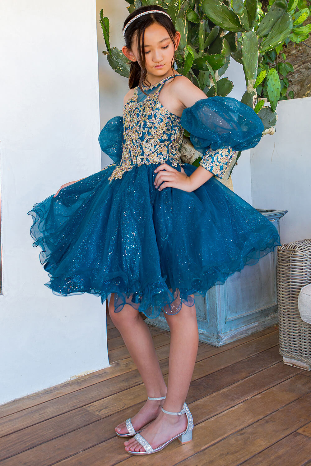 Peacock Square Neck Mini Glitter Tulle Flower Girl Party Dress with Detachable Puff Sleeves Cinderella Couture 5113
