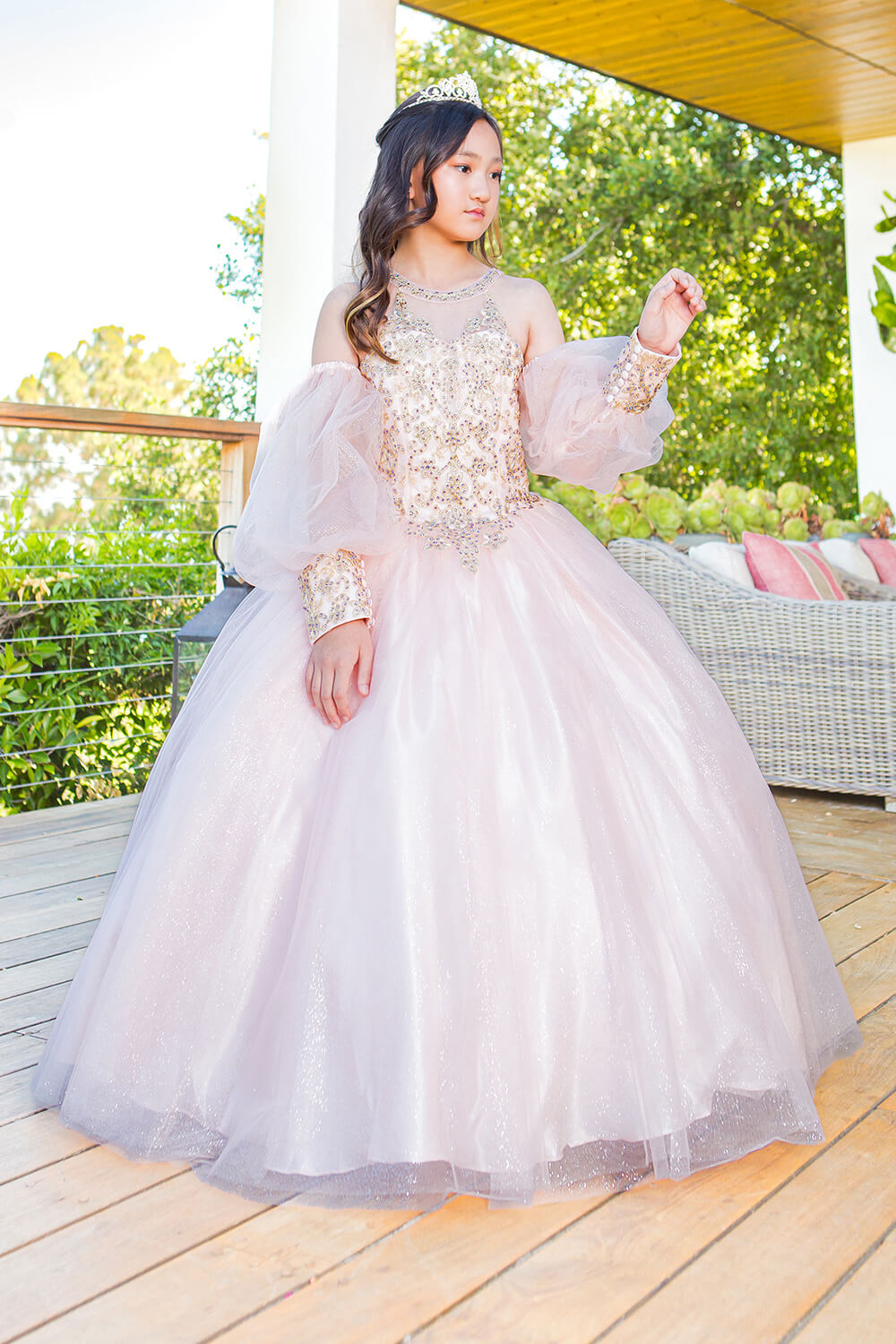 Blush Halter Neck Floor Length Glitter Tulle Quinceanera Ball Gown with Detachable Puff Sleeves Cinderella Couture 5114 Cinderella Couture 5114