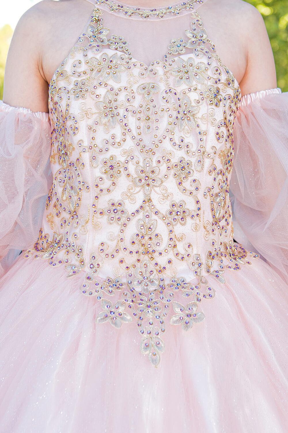 Blush Halter Neck Floor Length Glitter Tulle Quinceanera Ball Gown with Detachable Puff Sleeves Cinderella Couture 5114 Cinderella Couture 5114