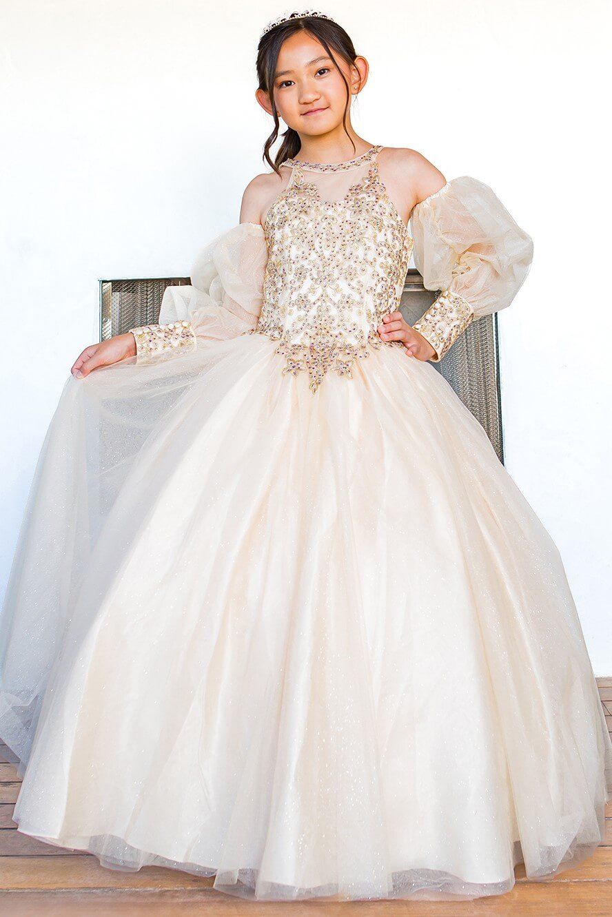 Champagne Halter Neck Floor Length Glitter Tulle Quinceanera Ball Gown with Detachable Puff Sleeves Cinderella Couture 5114