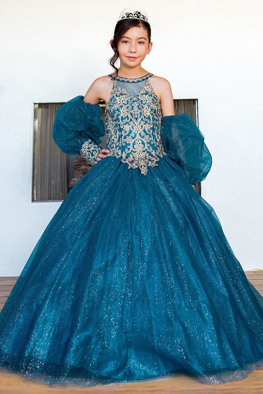 Peacock Halter Neck Floor Length Glitter Tulle Quinceanera Ball Gown with Detachable Puff Sleeves Cinderella Couture 5114