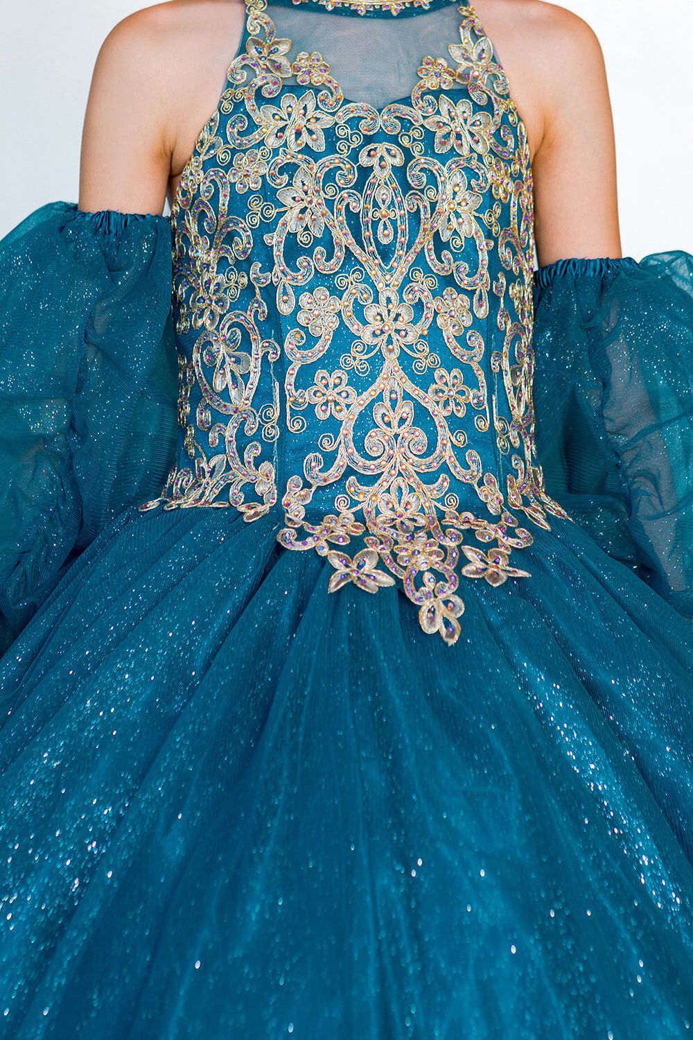 Peacock Halter Neck Floor Length Glitter Tulle Quinceanera Ball Gown with Detachable Puff Sleeves Cinderella Couture 5114