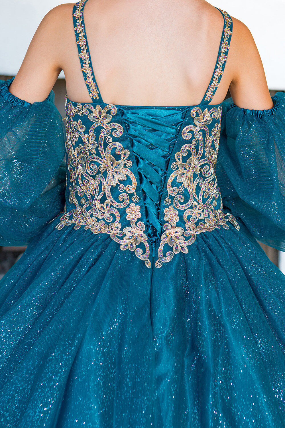 Peacock Halter Neck Floor Length Glitter Tulle Quinceanera Ball Gown with Detachable Puff Sleeves Cinderella Couture 5114