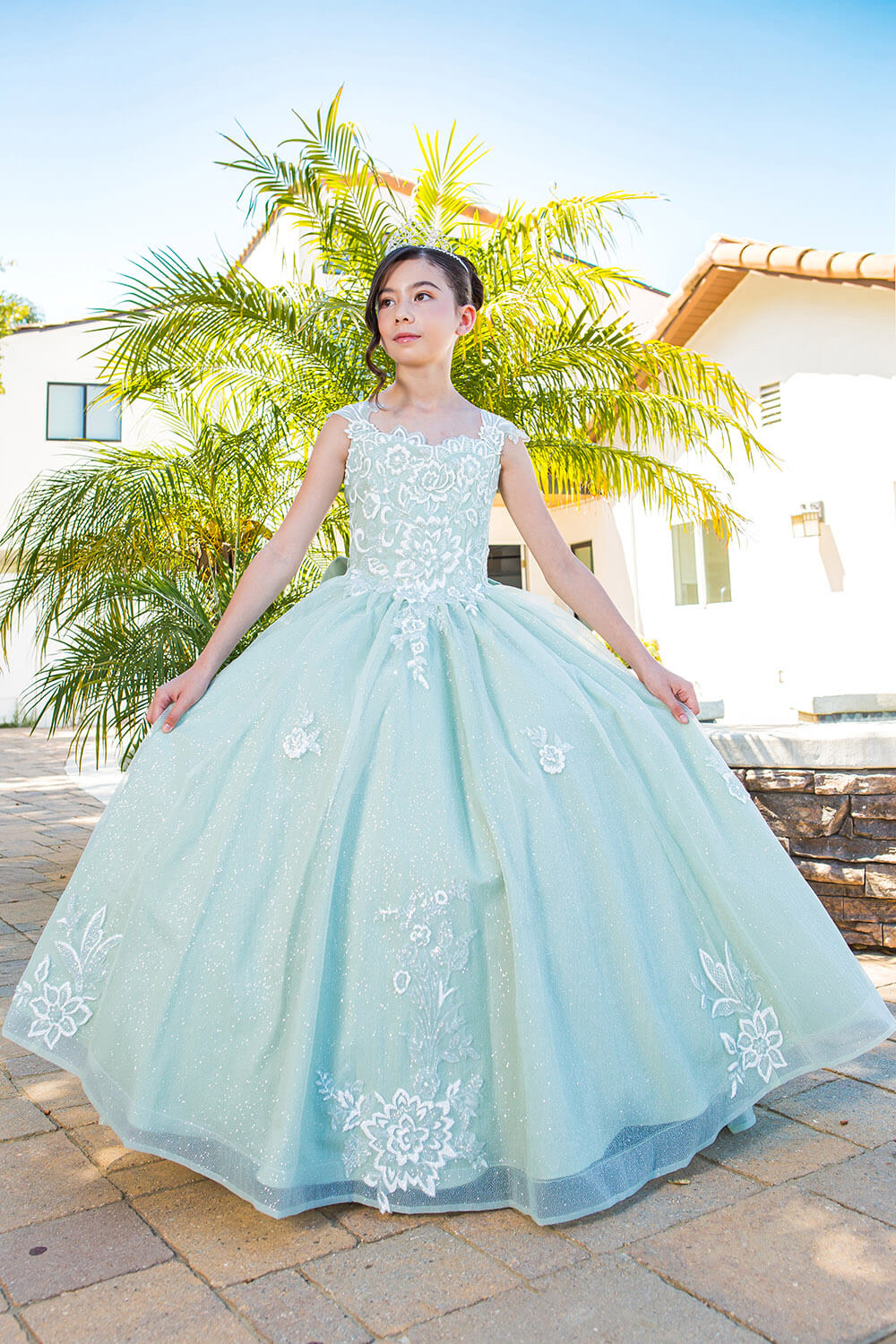 Sage Scoop Neck Floor Length Glitter Tulle Flower Girl Ball Gown with 3D Flower Print and Detachable Bow Cinderella Couture 5116