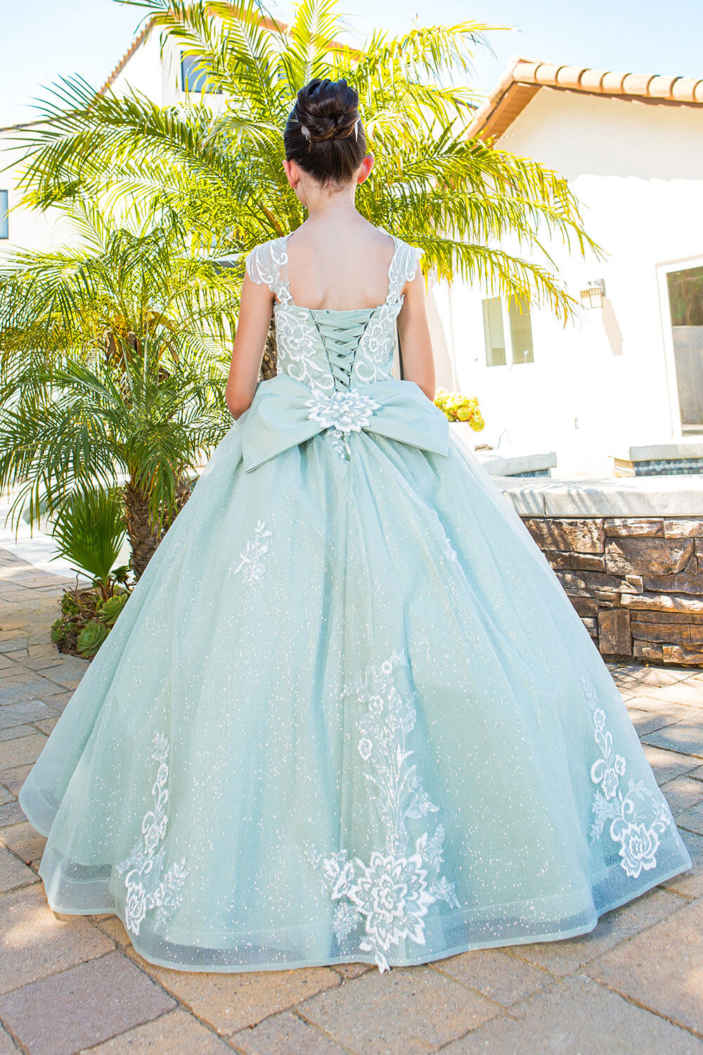 Sage Scoop Neck Floor Length Glitter Tulle Flower Girl Ball Gown with 3D Flower Print and Detachable Bow Cinderella Couture 5116