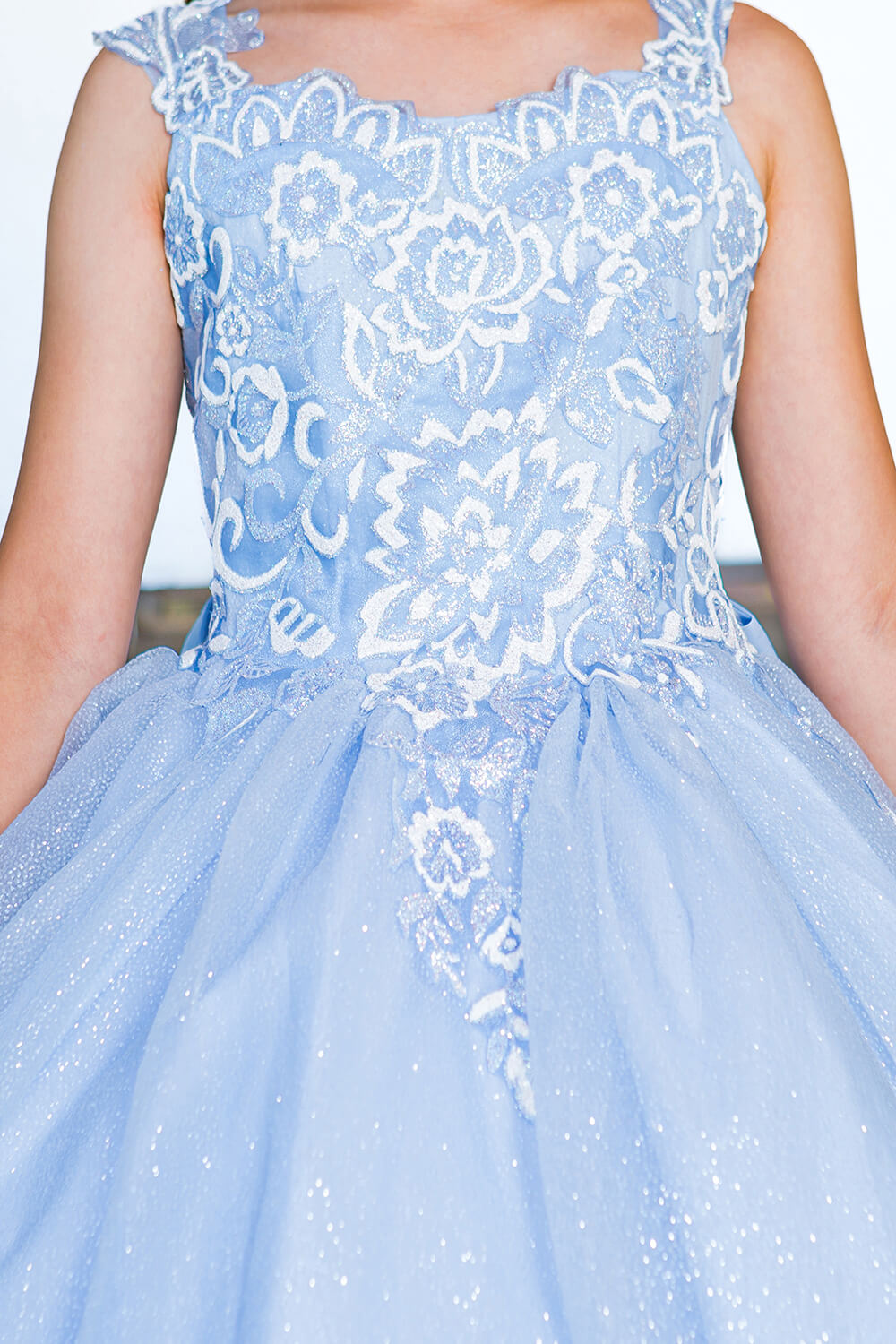 Blue Scoop Neck Floor Length Glitter Tulle Flower Girl Ball Gown with 3D Flower Print and Detachable Bow Cinderella Couture 5116