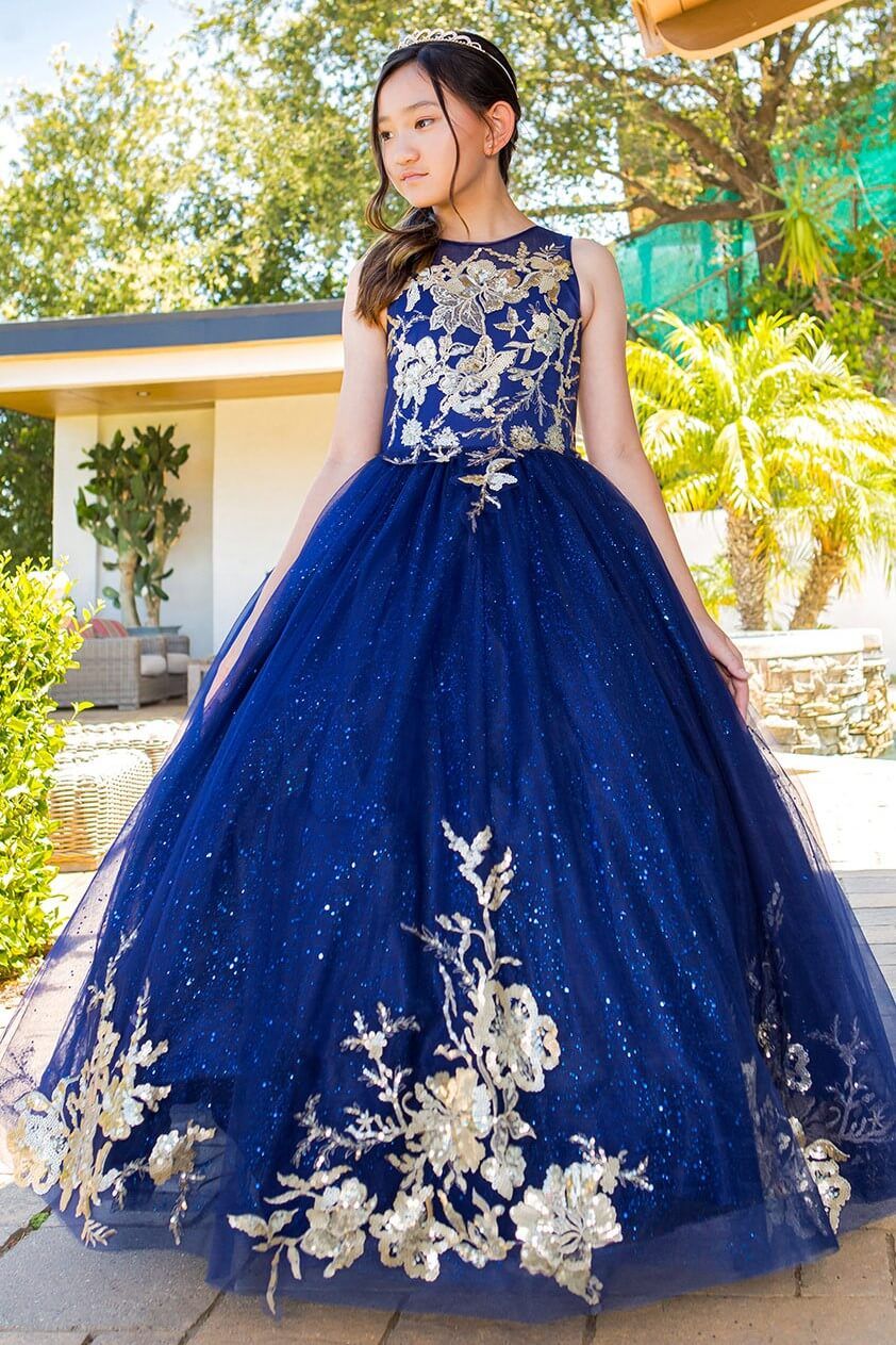 Navy Scoop Neck Floor Length Satin Flower Girl Dress with Pearl Beaded Waist Cinderella Couture 5118