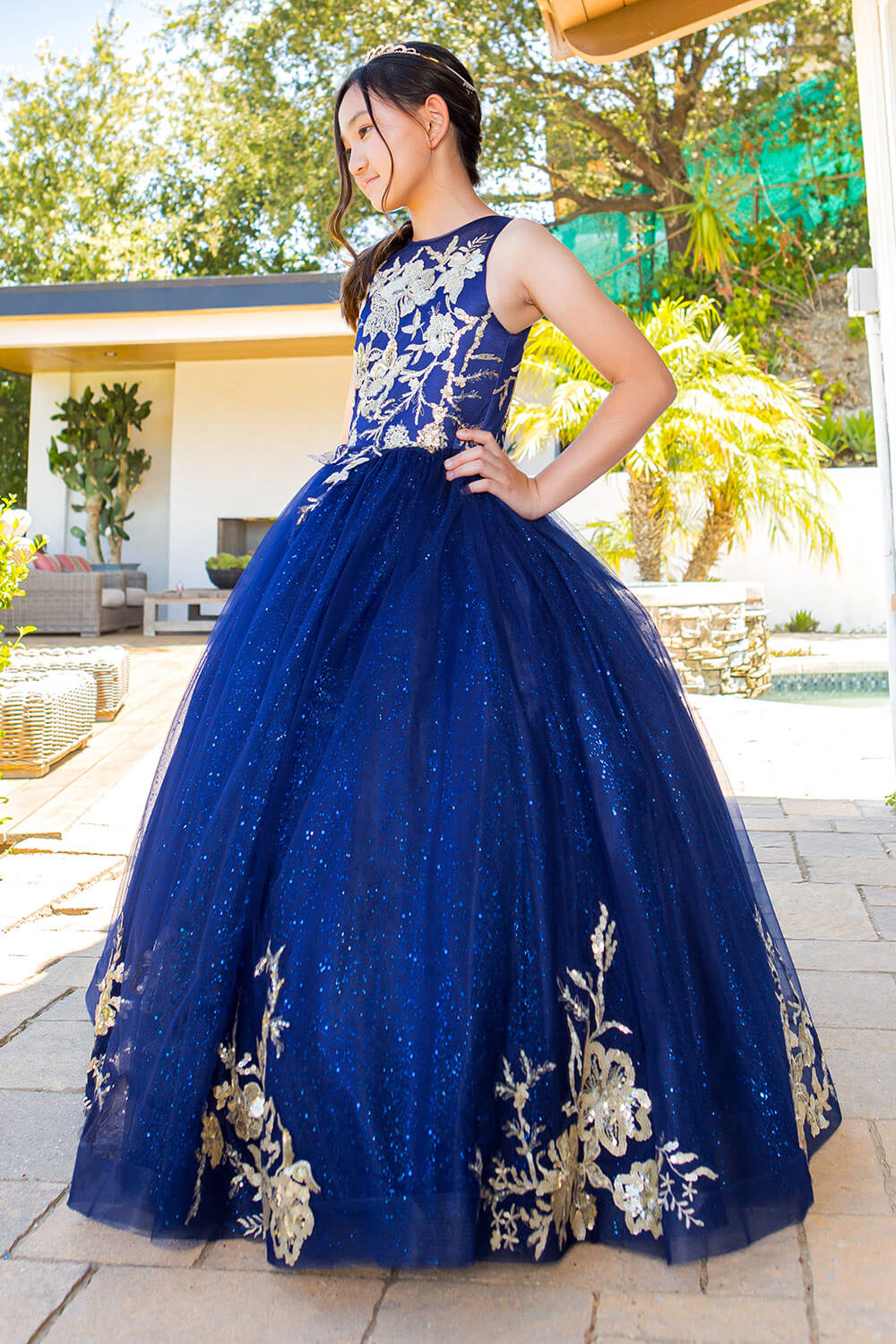 Navy Scoop Neck Floor Length Satin Flower Girl Dress with Pearl Beaded Waist Cinderella Couture 5118