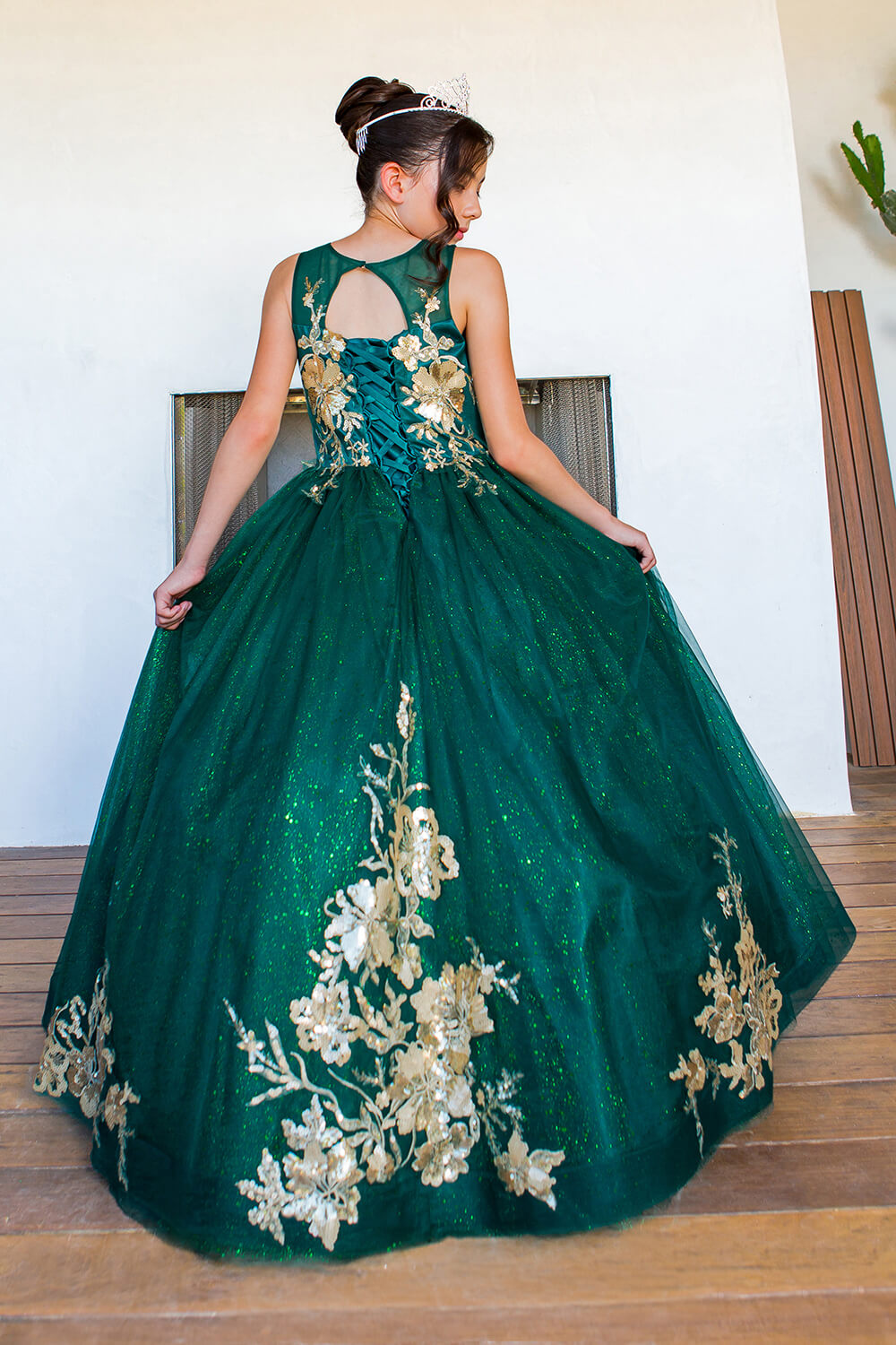 Hunter Green Scoop Neck Floor Length Satin Flower Girl Dress with Pearl Beaded Waist Cinderella Couture 5118