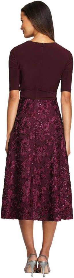 Tea-Length Lace & Jersey Cocktail Dress with Full Rosette Lace Skirt and Tie Belt Alex Evenings 1121465