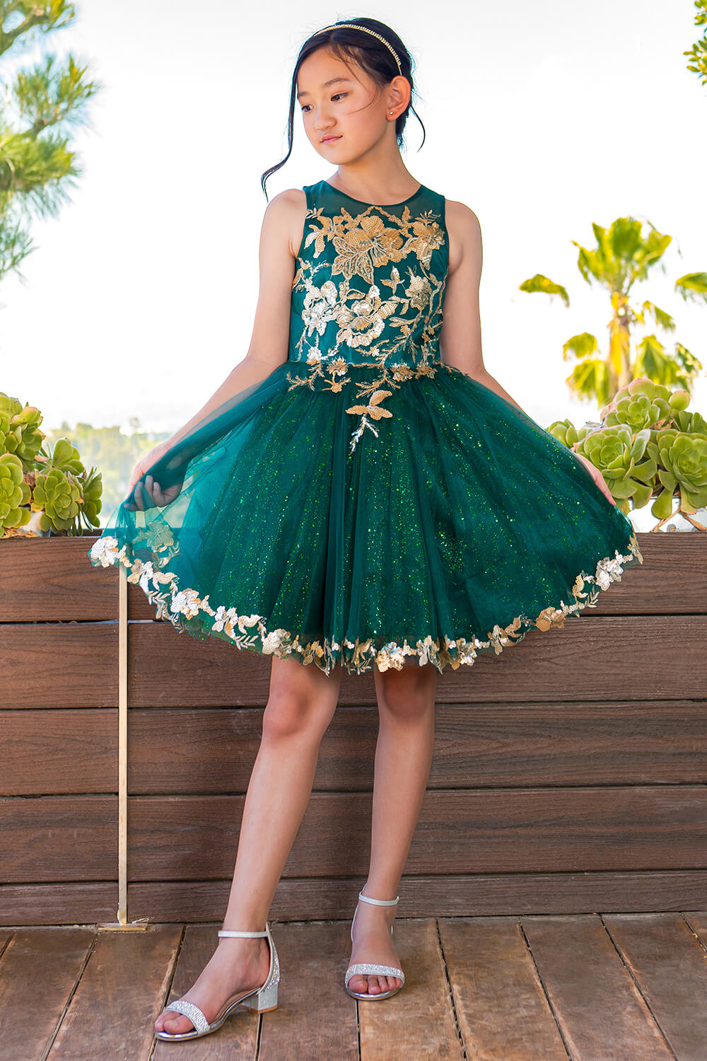 Hunter Green High Neck Knee Length Glitter Tulle Party Dress with Floral Embroidery Cinderella Couture 5121