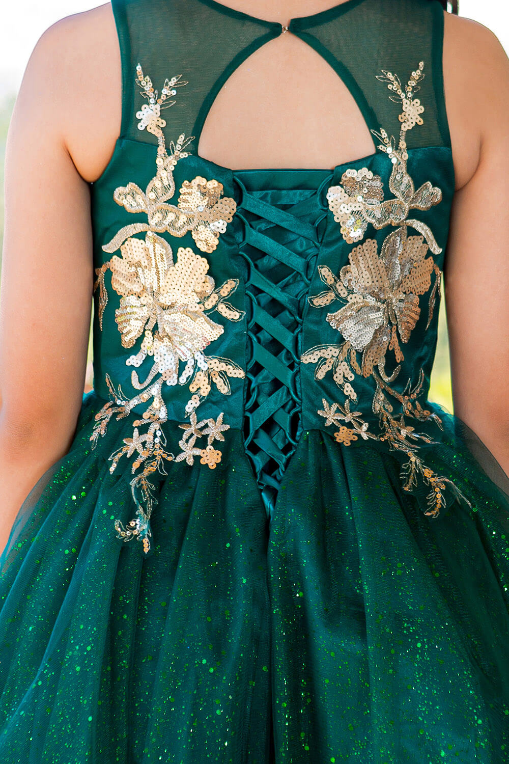 Hunter Green High Neck Knee Length Glitter Tulle Party Dress with Floral Embroidery Cinderella Couture 5121