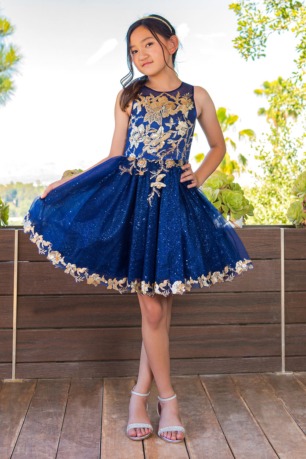 Navy High Neck Knee Length Glitter Tulle Party Dress with Floral Embroidery Cinderella Couture 5121