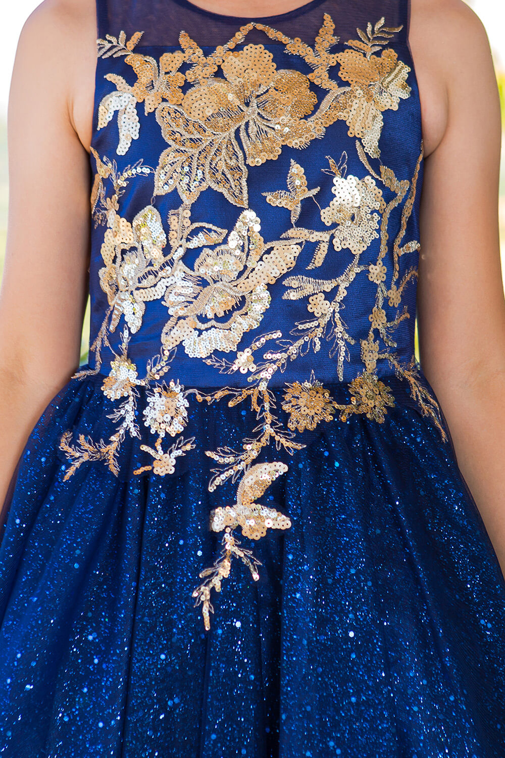 Navy High Neck Knee Length Glitter Tulle Party Dress with Floral Embroidery Cinderella Couture 5121