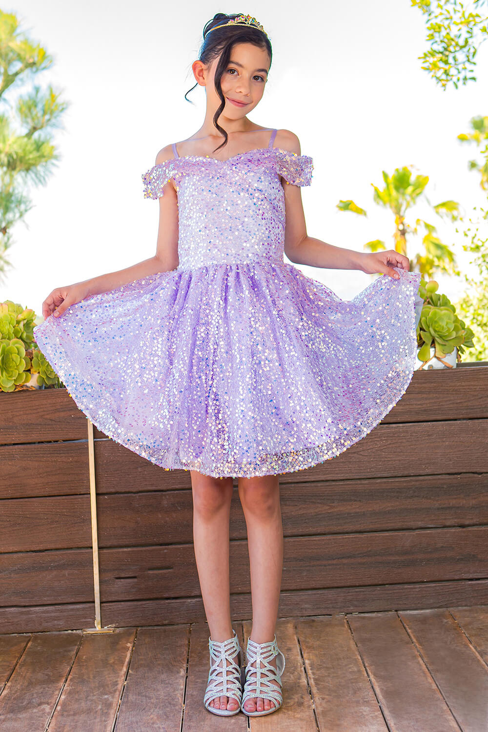 Lilac Off the Shoulder Knee Length Sequin Party Dress with Corset Back Cinderella Couture 5122