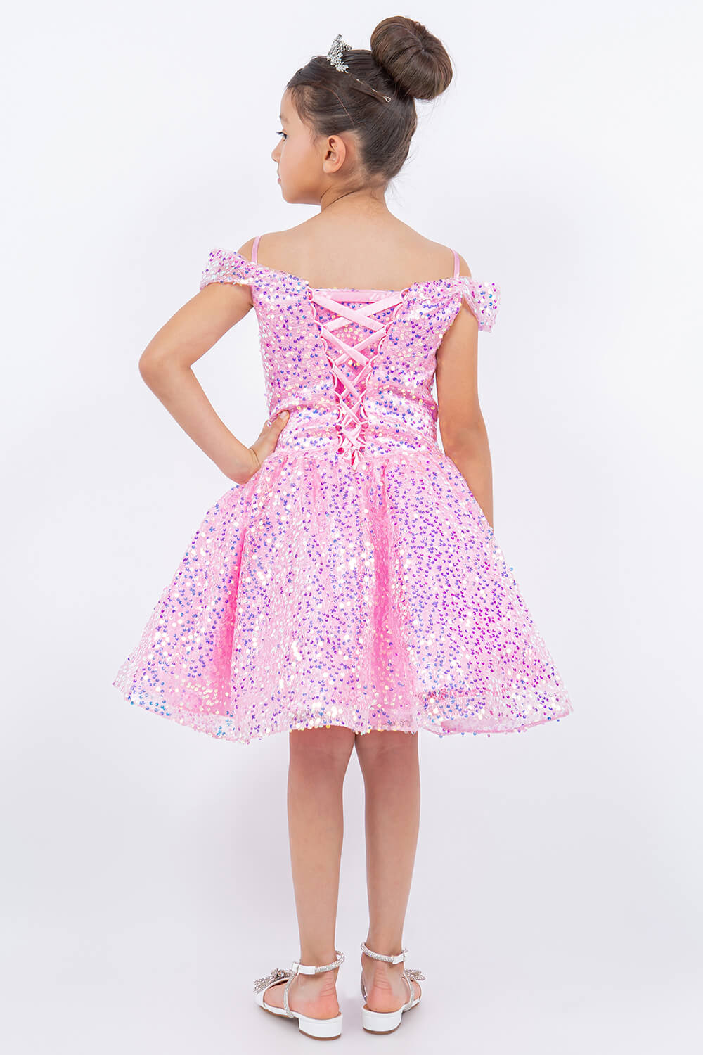 Pink Off the Shoulder Knee Length Sequin Party Dress with Corset Back Cinderella Couture 5122