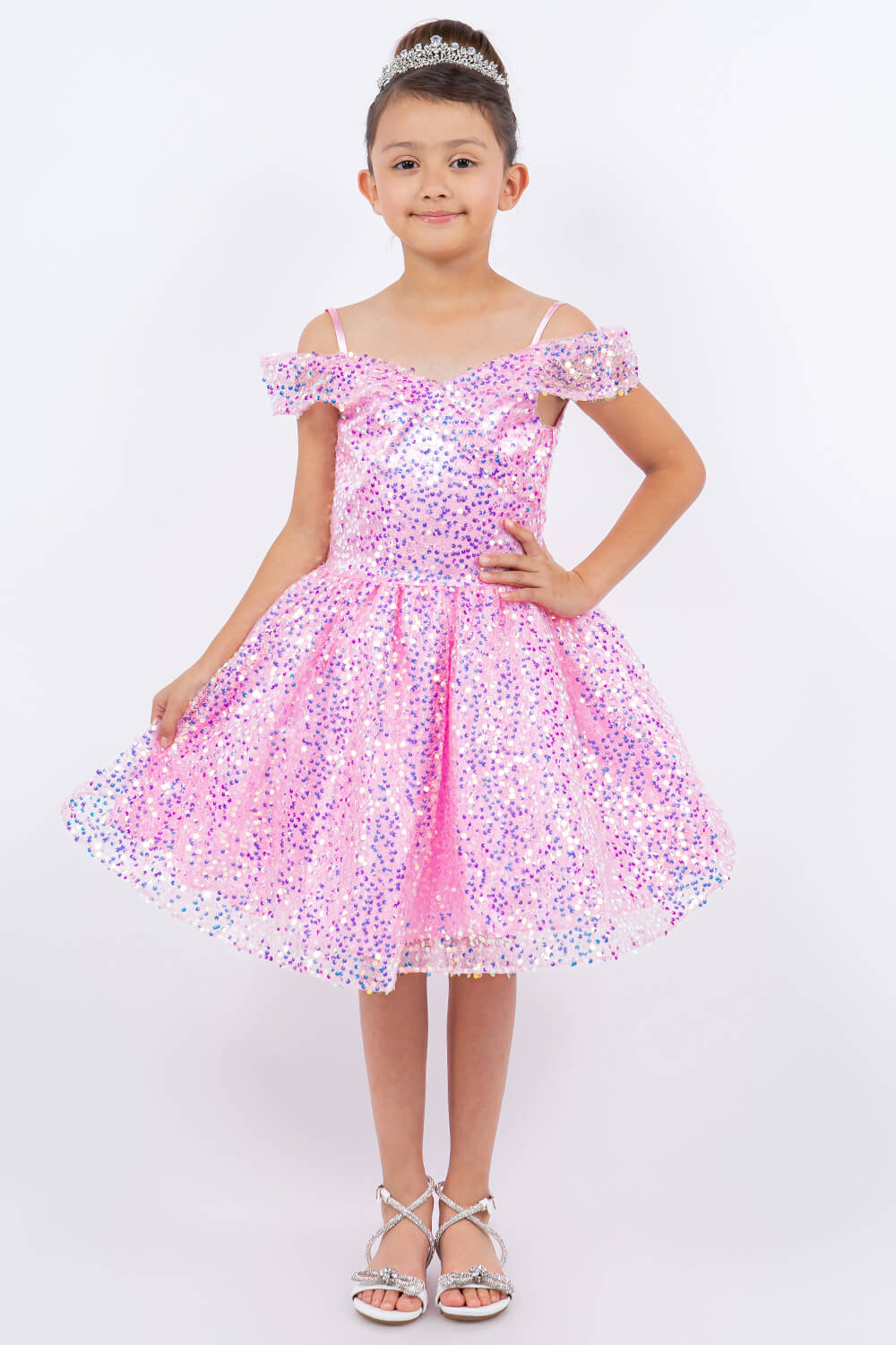 Pink Off the Shoulder Knee Length Sequin Party Dress with Corset Back Cinderella Couture 5122