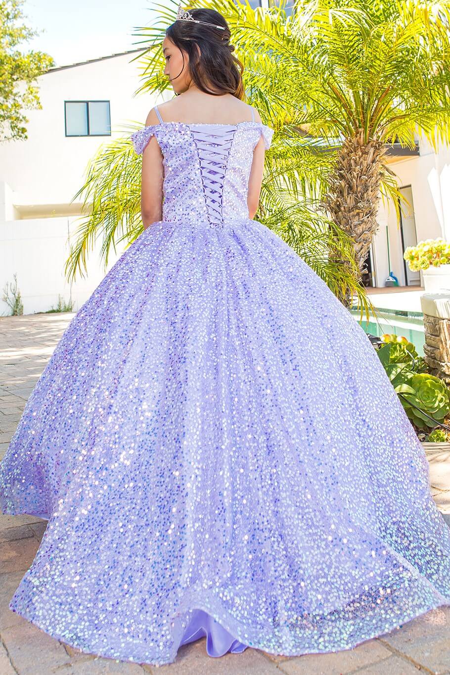 Lilac Sweetheart Floor Length Glitter Tulle Quince Ball Gown Cinderella Couture 5123