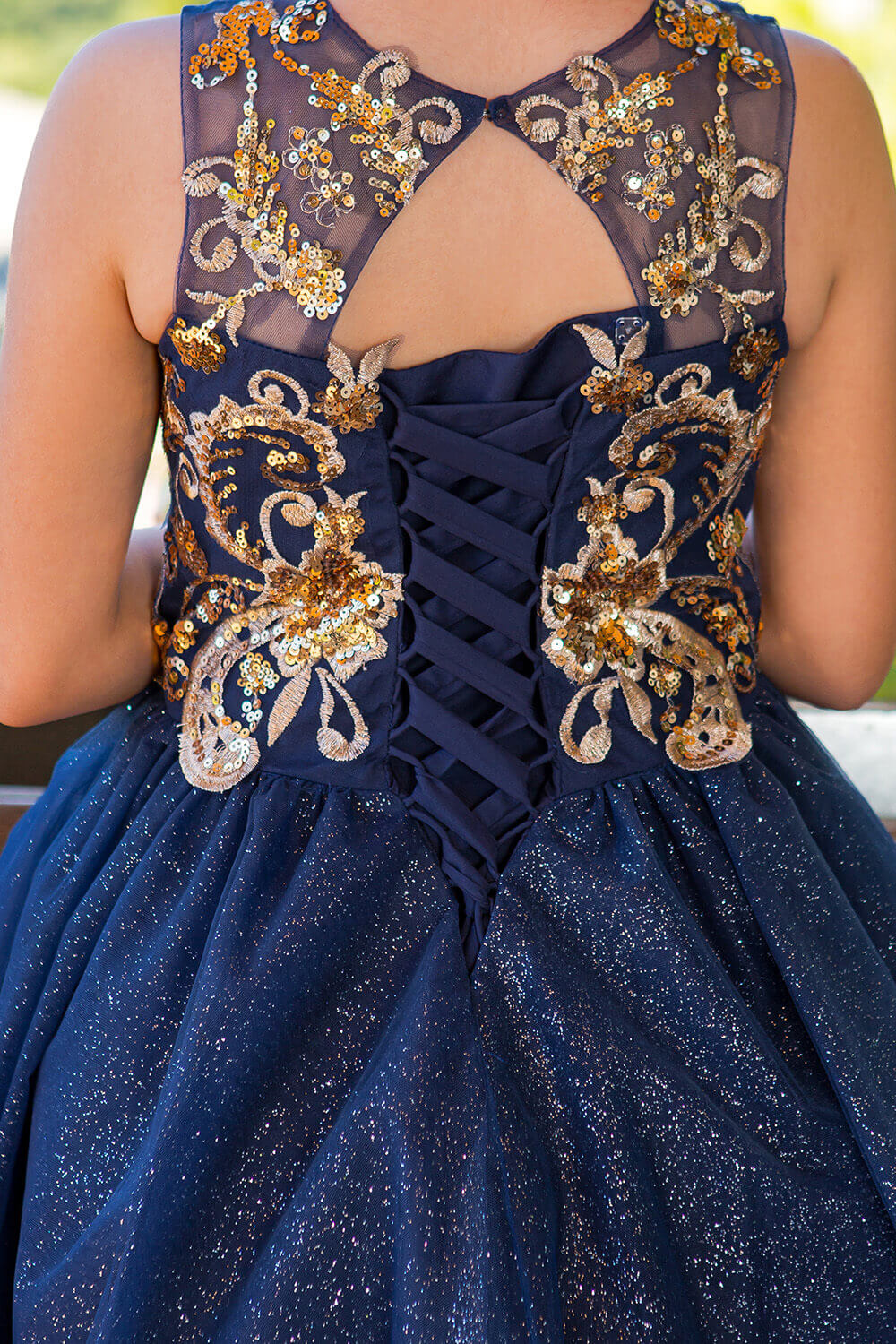 Navy Crew High Neck Knee Length Glitter Tulle Flower Girl Party Dress with Two Tone Lace Appliques Cinderella Couture 5124