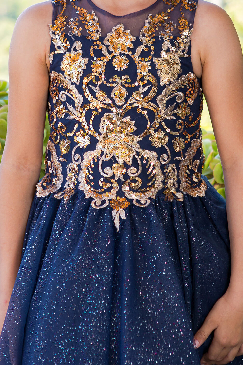 Navy Crew High Neck Knee Length Glitter Tulle Flower Girl Party Dress with Two Tone Lace Appliques Cinderella Couture 5124