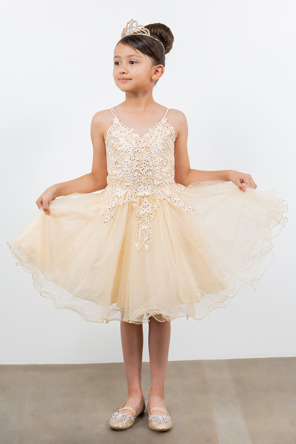Champagne V Neck Knee Length Tulle Party Dress with Beaded Lace Bodice and Lace Up Back Cinderella Couture 5125