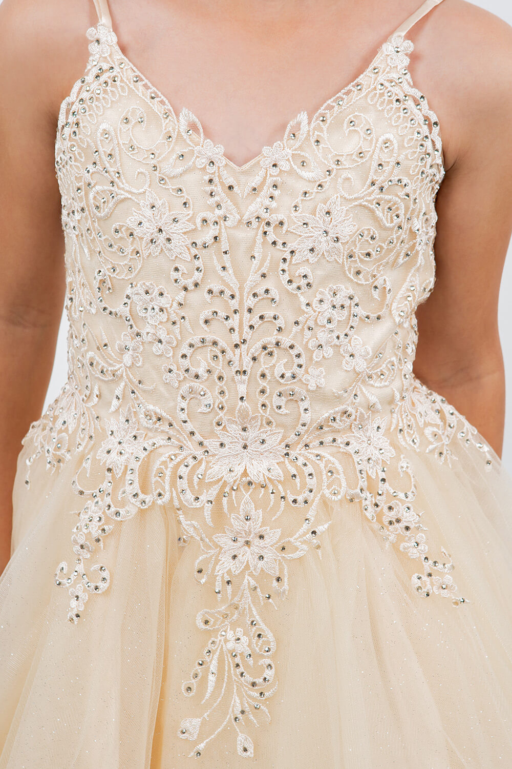 Champagne V Neck Knee Length Tulle Party Dress with Beaded Lace Bodice and Lace Up Back Cinderella Couture 5125